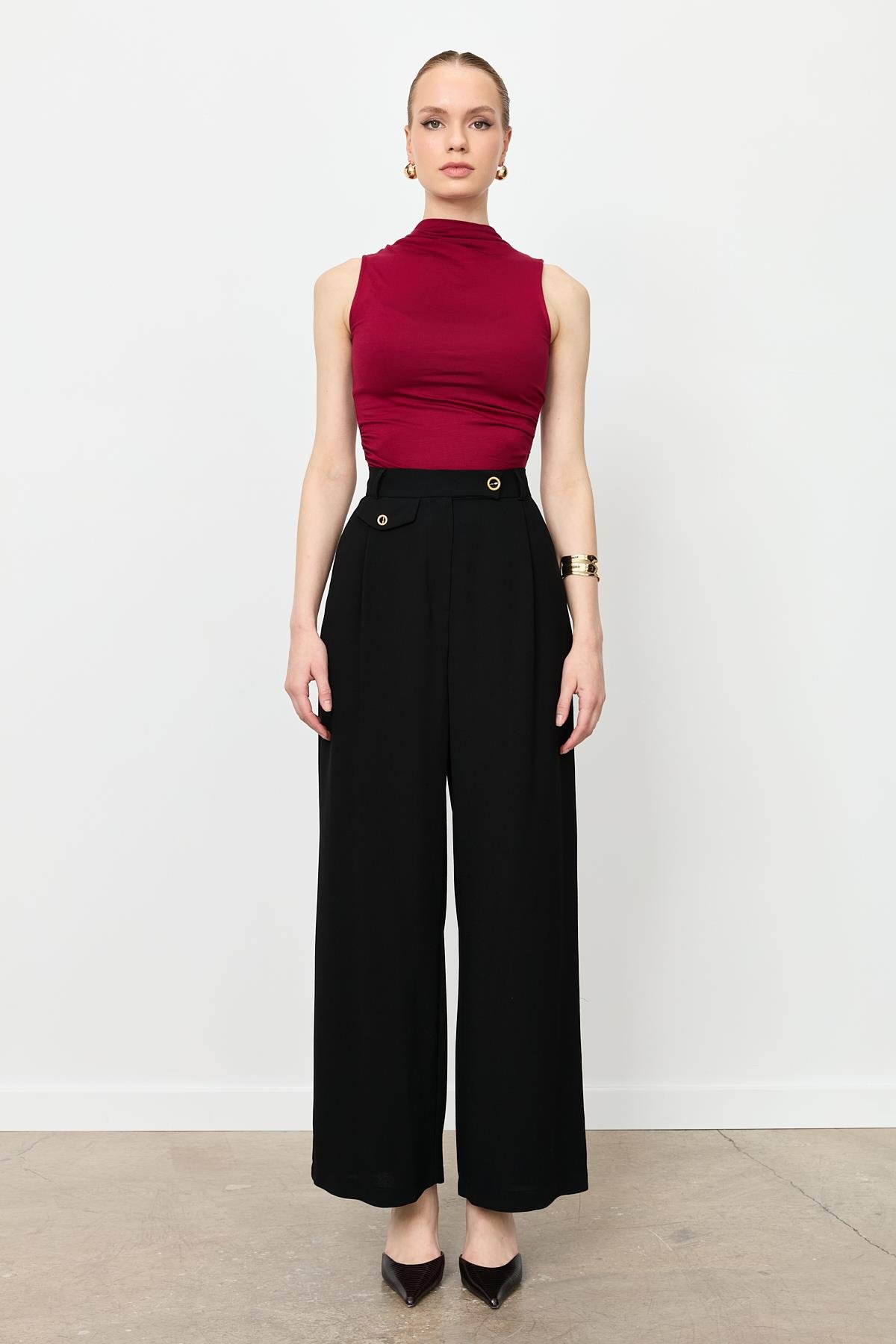 Düğme Detay Bol Pantolon-SİYAH