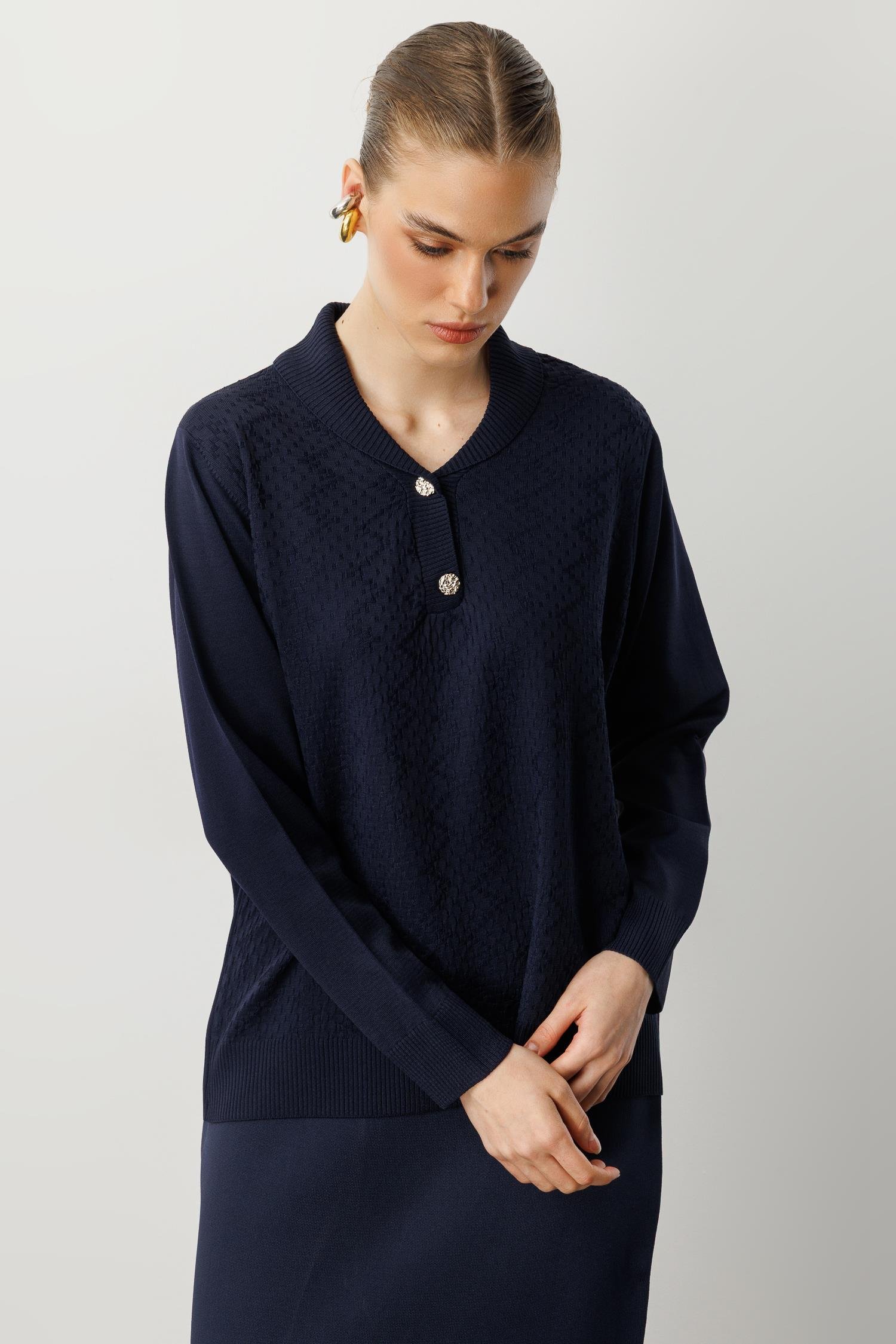 Düğme Detay Desenli Triko Kazak-LACI