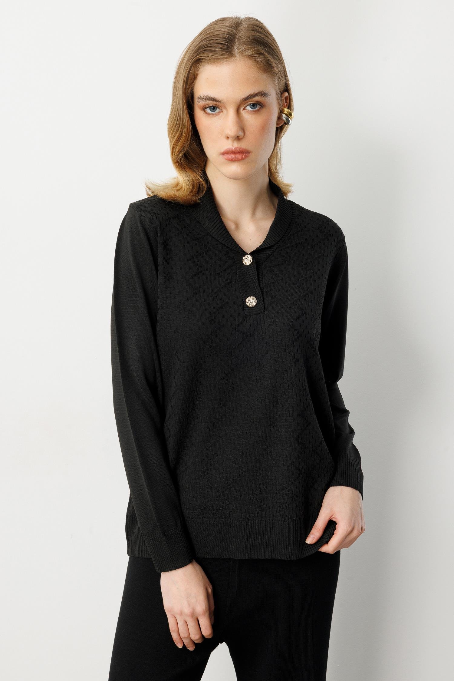 Düğme Detay Desenli Triko Kazak-SİYAH