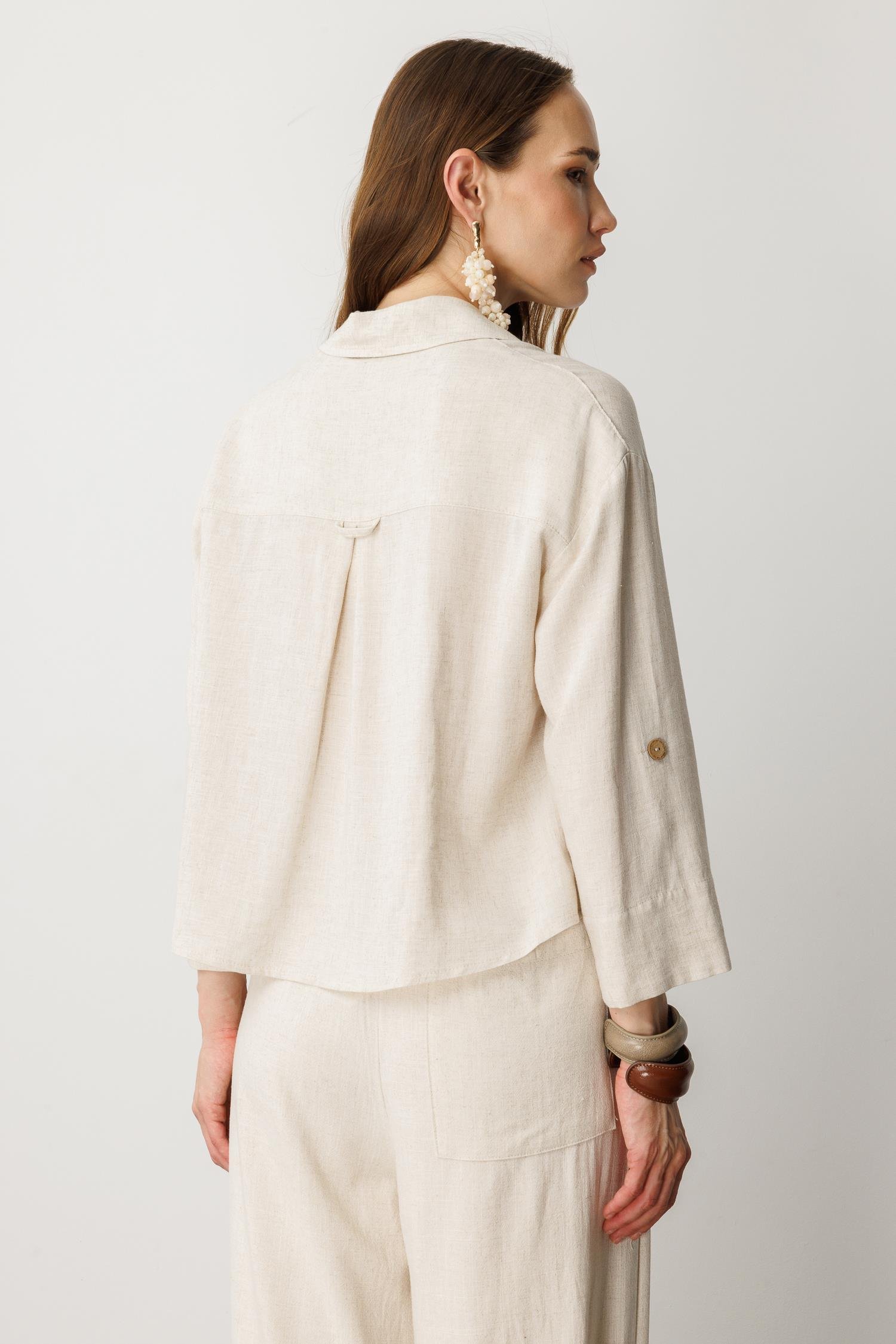 Düğme Detay Keten Görünümlü Gömlek-TAŞ