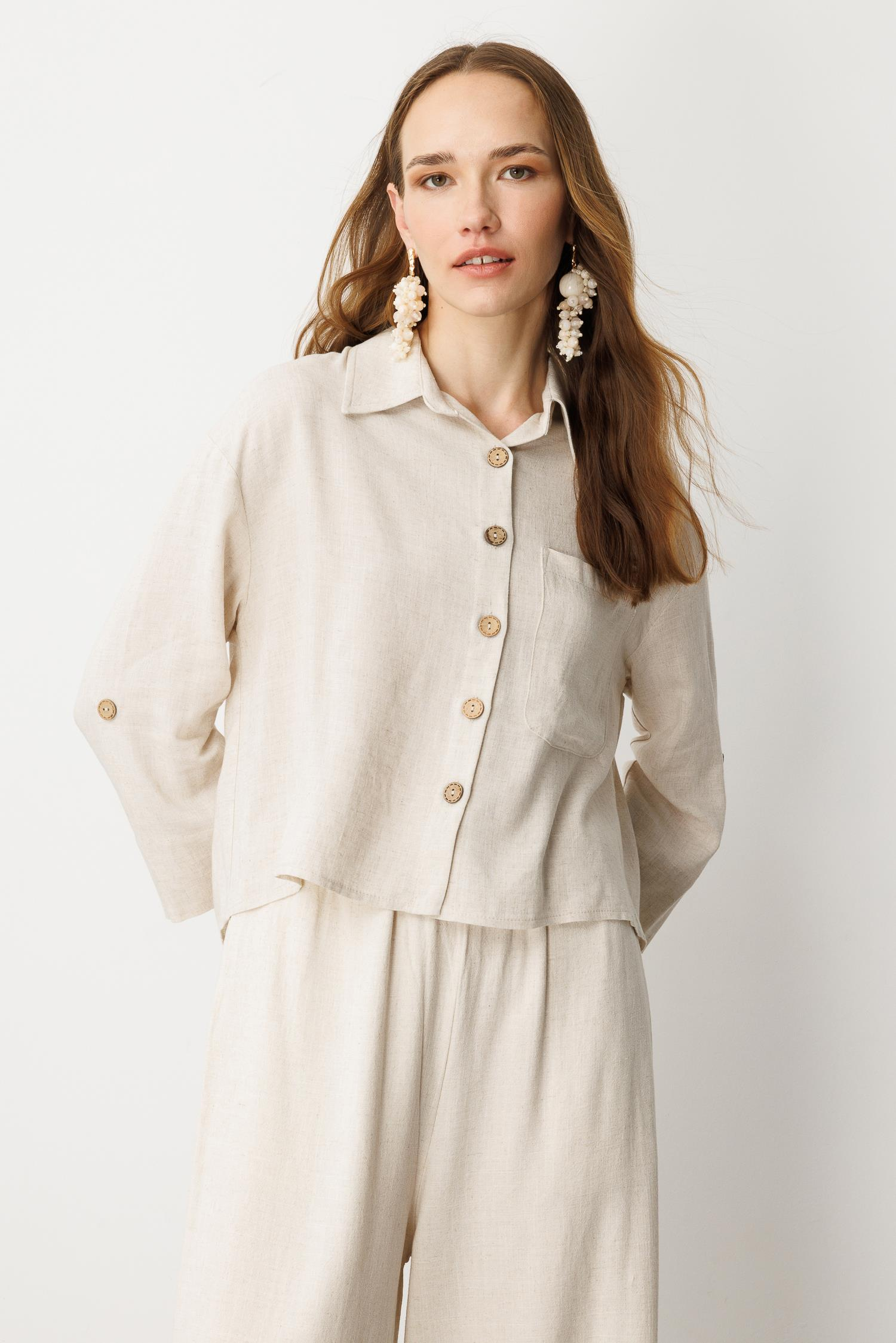 Düğme Detay Keten Görünümlü Gömlek-TAŞ