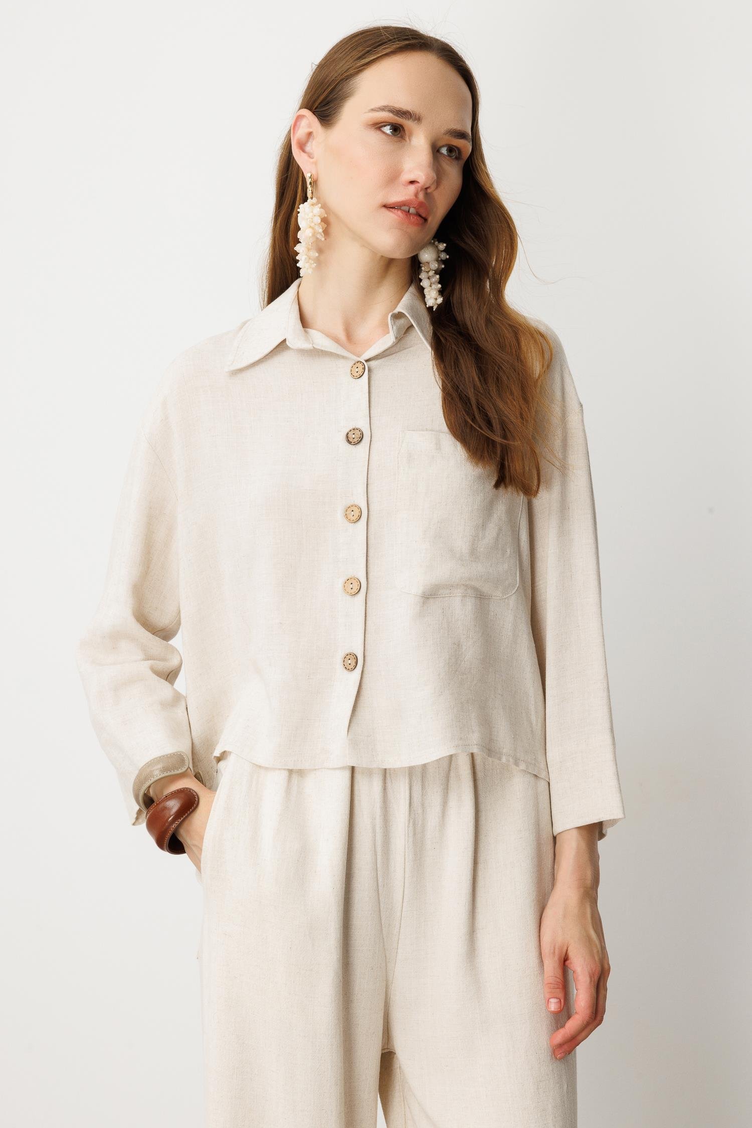 Düğme Detay Keten Görünümlü Gömlek-TAŞ