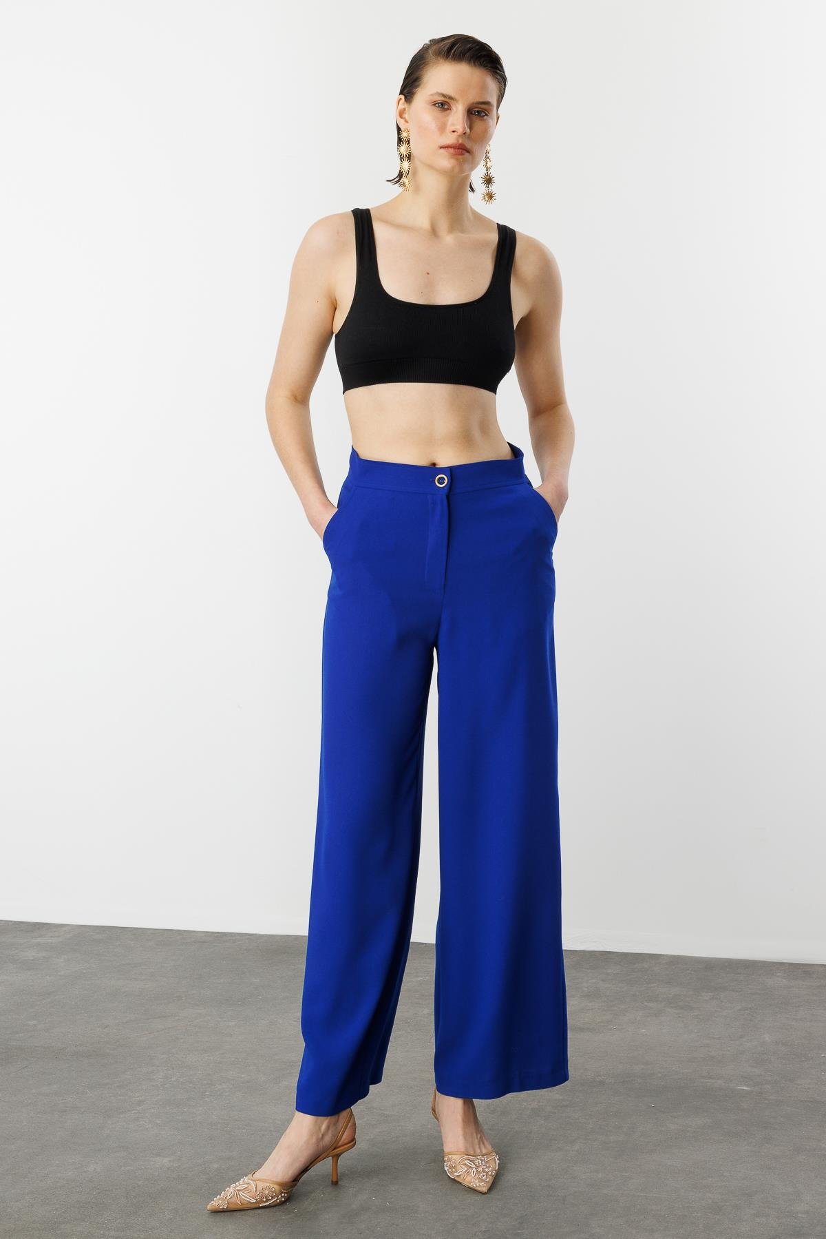 Düğme Detay Krep Pantolon-SAX