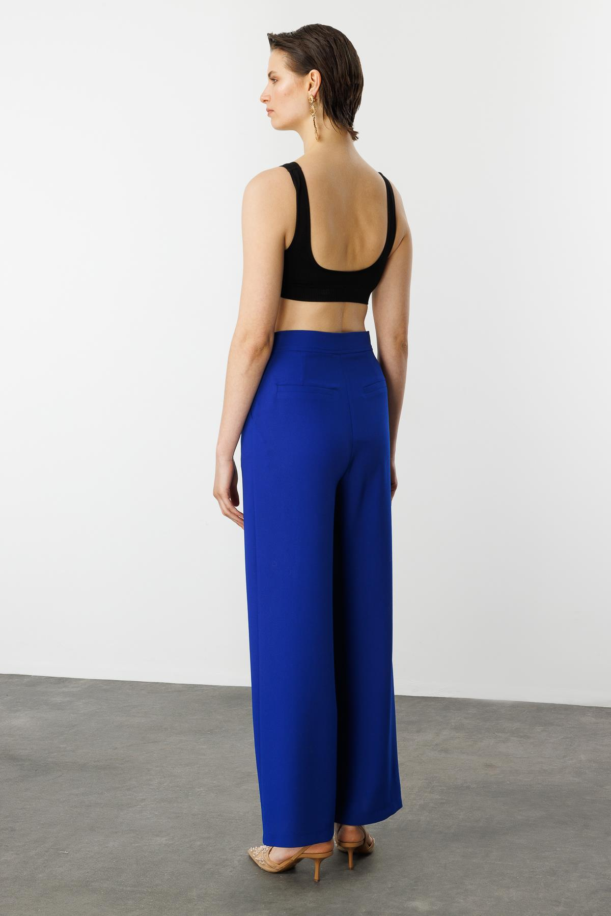 Düğme Detay Krep Pantolon-SAX