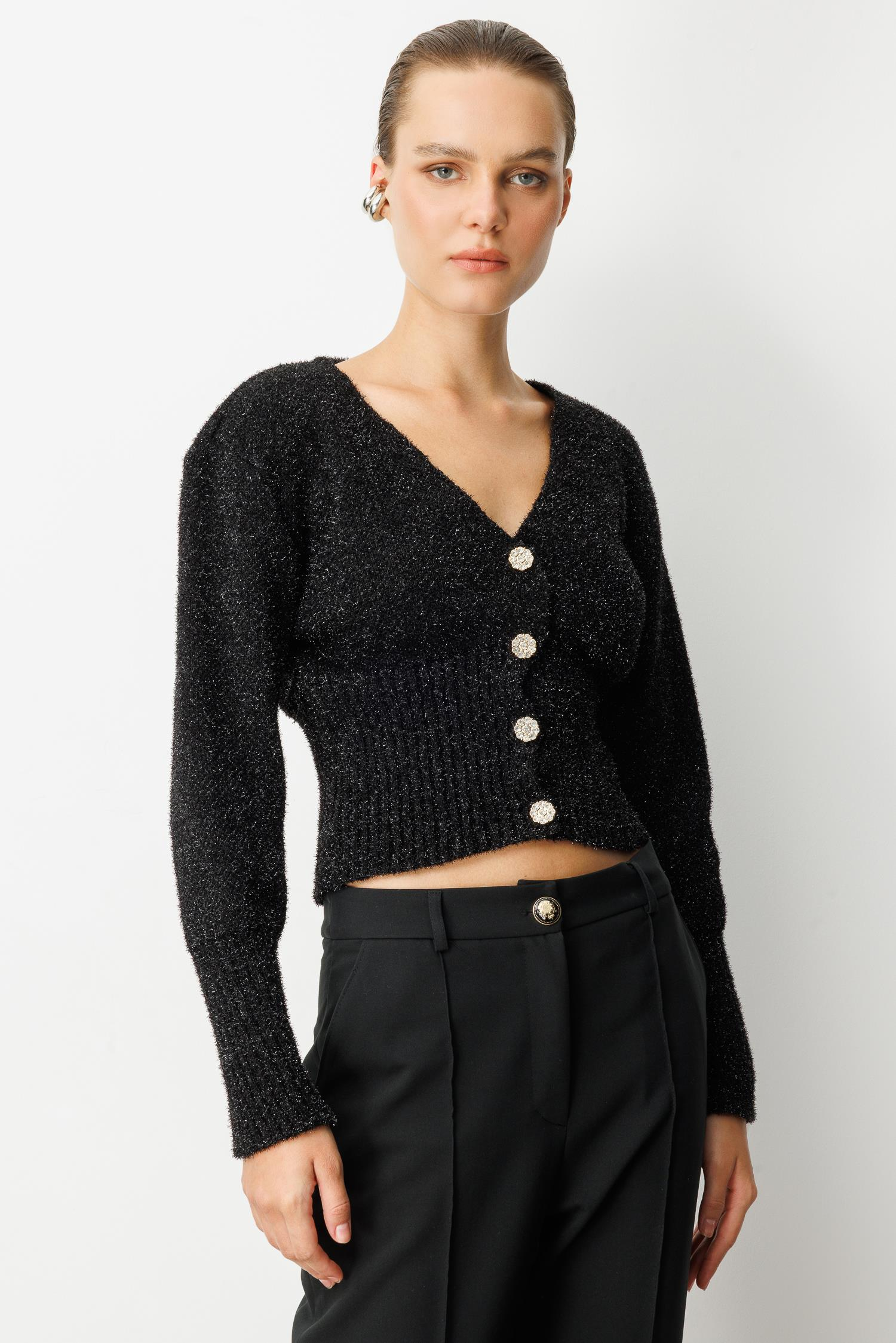 Düğme Detay Simli Kısa Triko Hırka-SİYAH