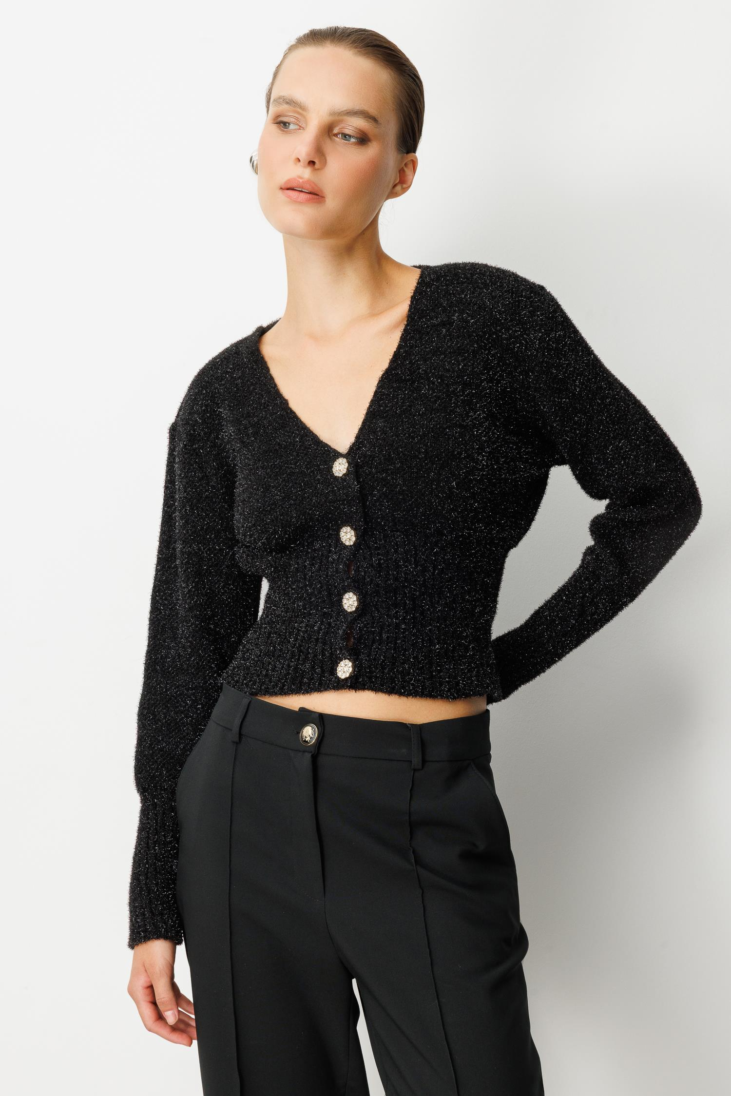 Düğme Detay Simli Kısa Triko Hırka-SİYAH