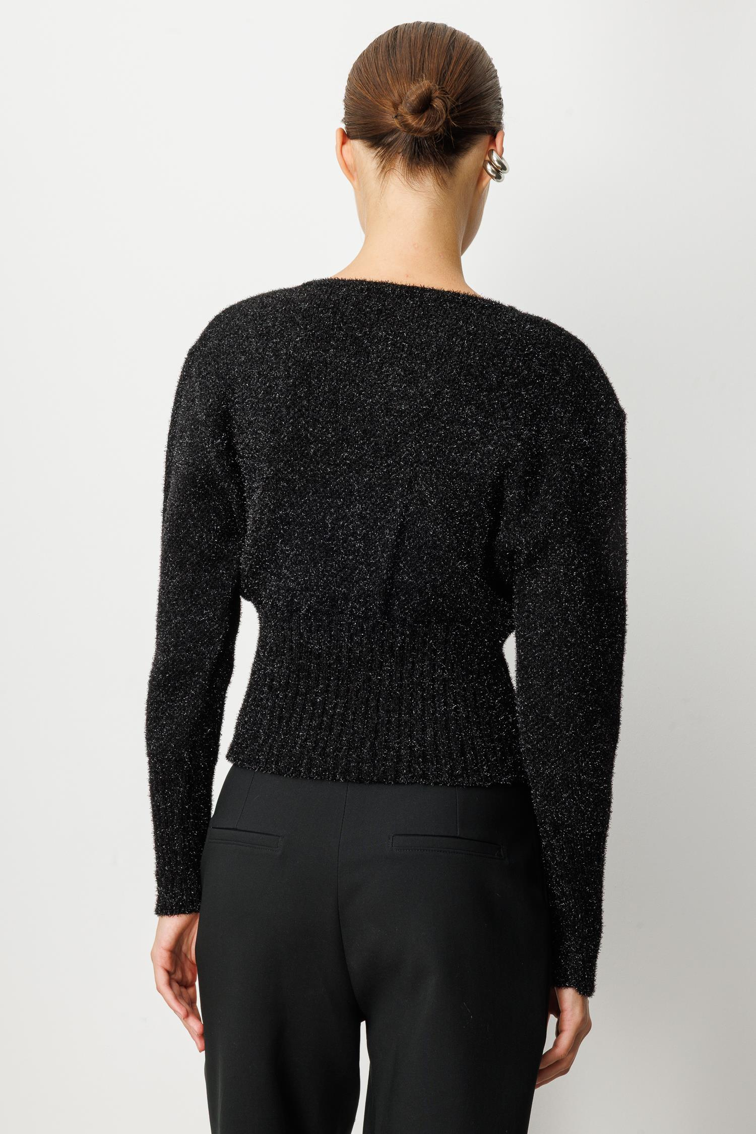 Düğme Detay Simli Kısa Triko Hırka-SİYAH