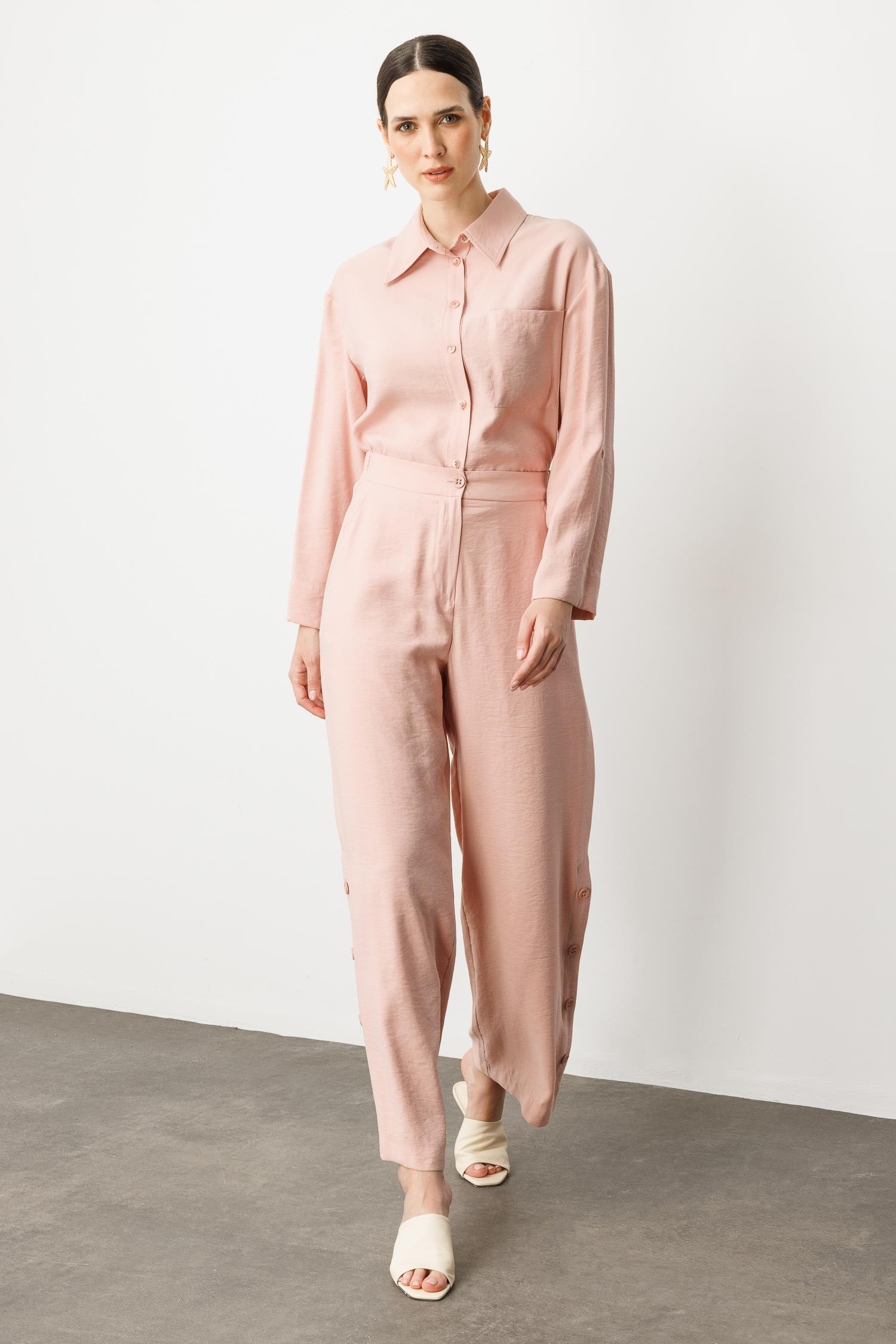 Düğme Detaylı Bol Paça Pantolon-PUDRA