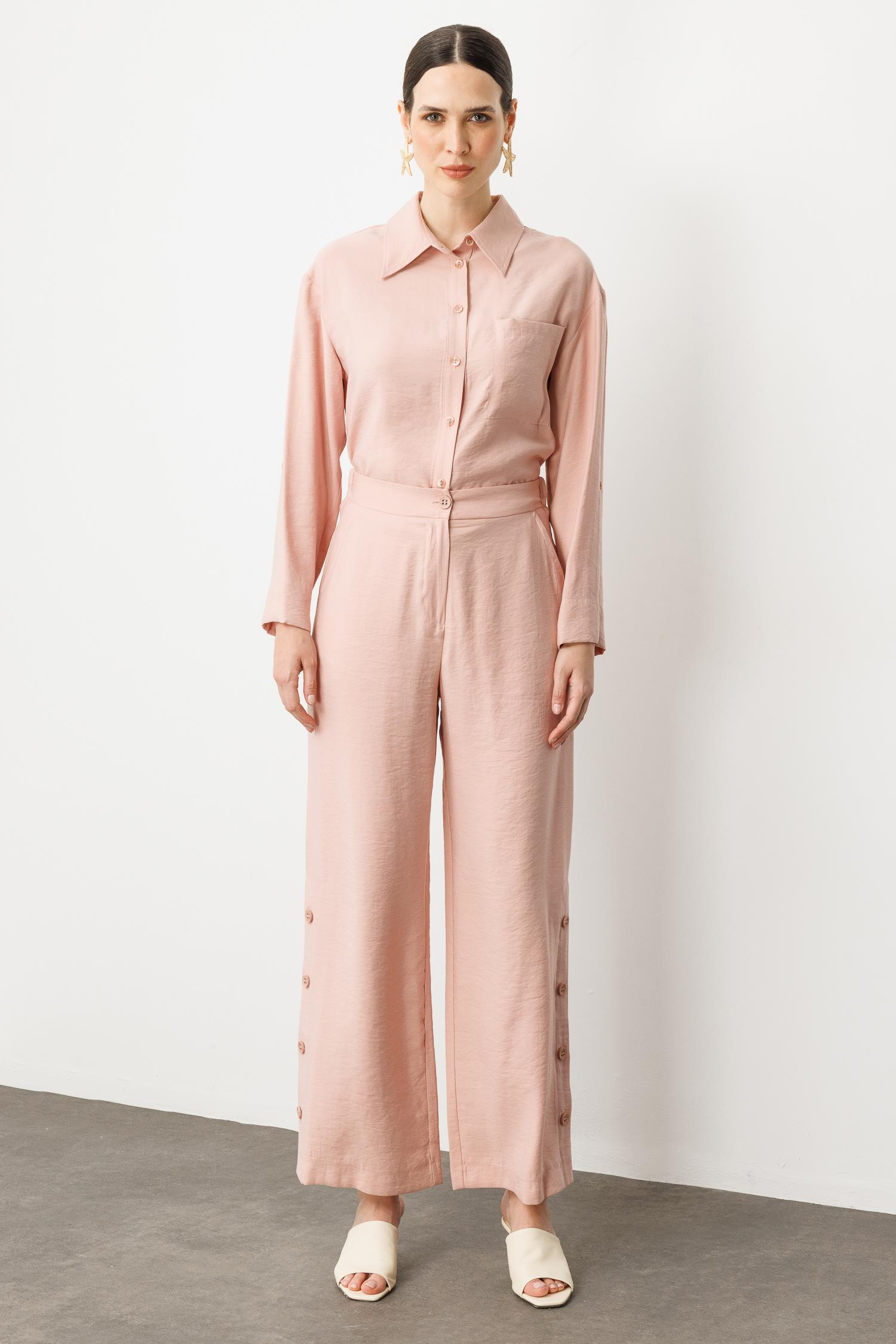 Düğme Detaylı Bol Paça Pantolon-PUDRA