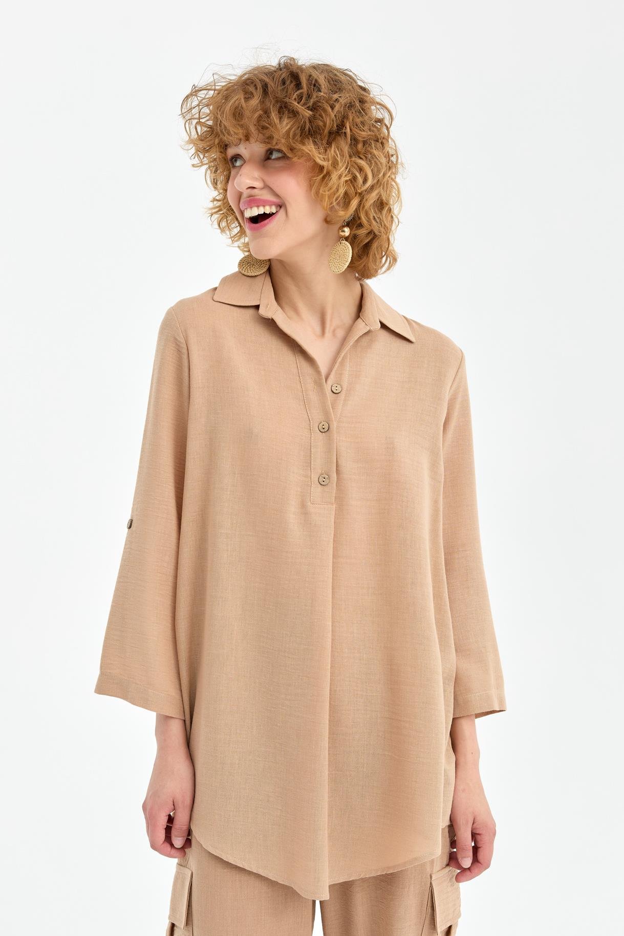 Düğme Detaylı Keten Tunik - CAMEL