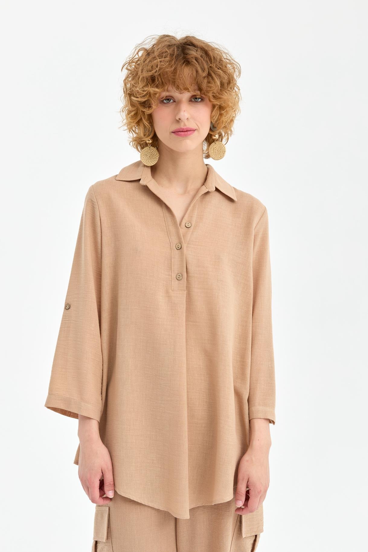 Düğme Detaylı Keten Tunik - CAMEL
