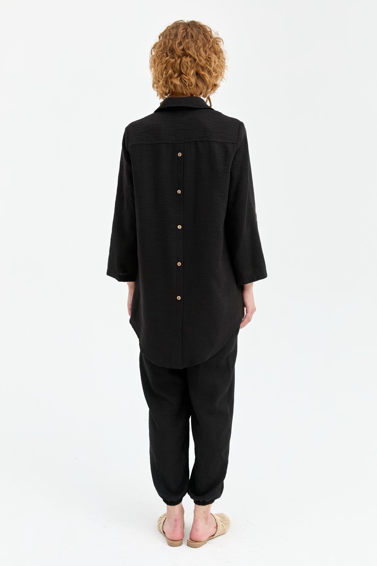 Düğme Detaylı Keten Tunik - SİYAH
