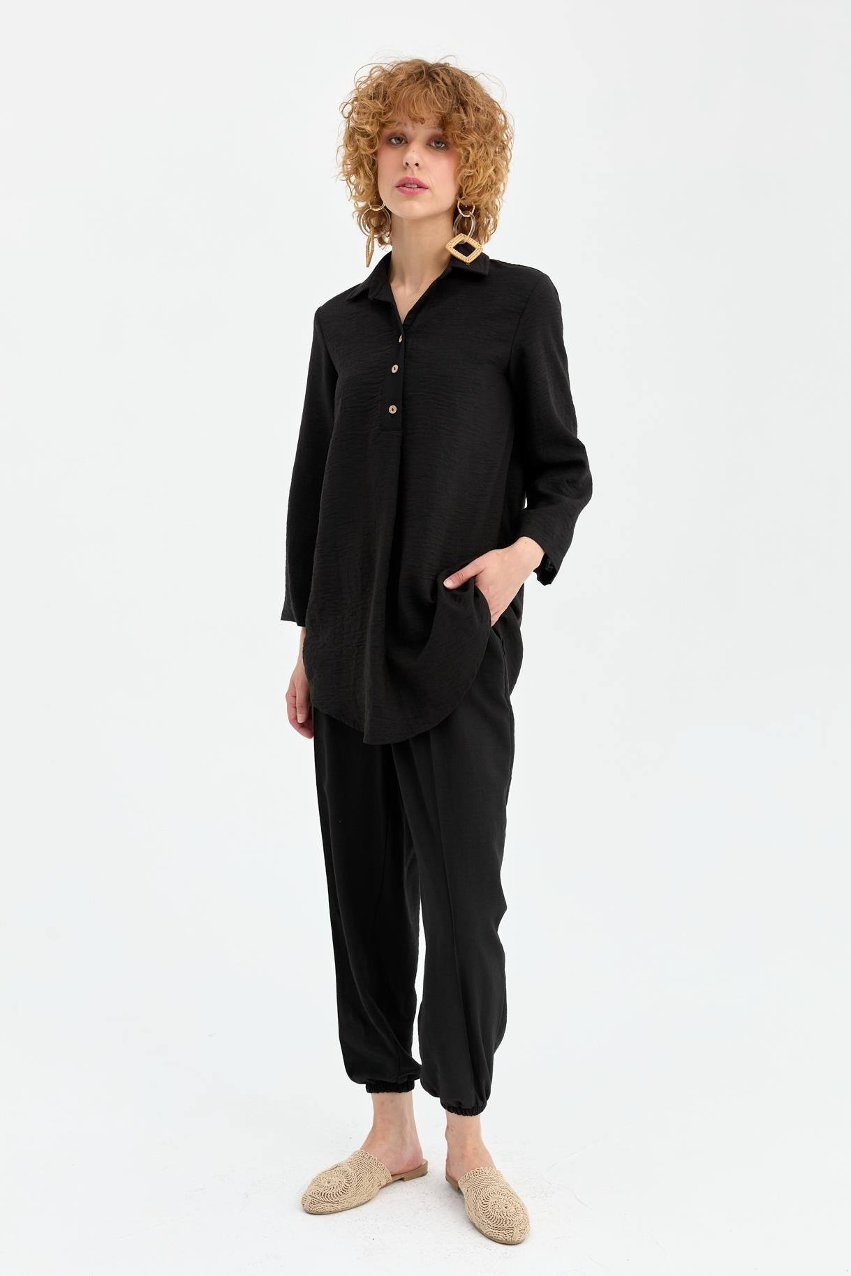 Düğme Detaylı Keten Tunik - SİYAH