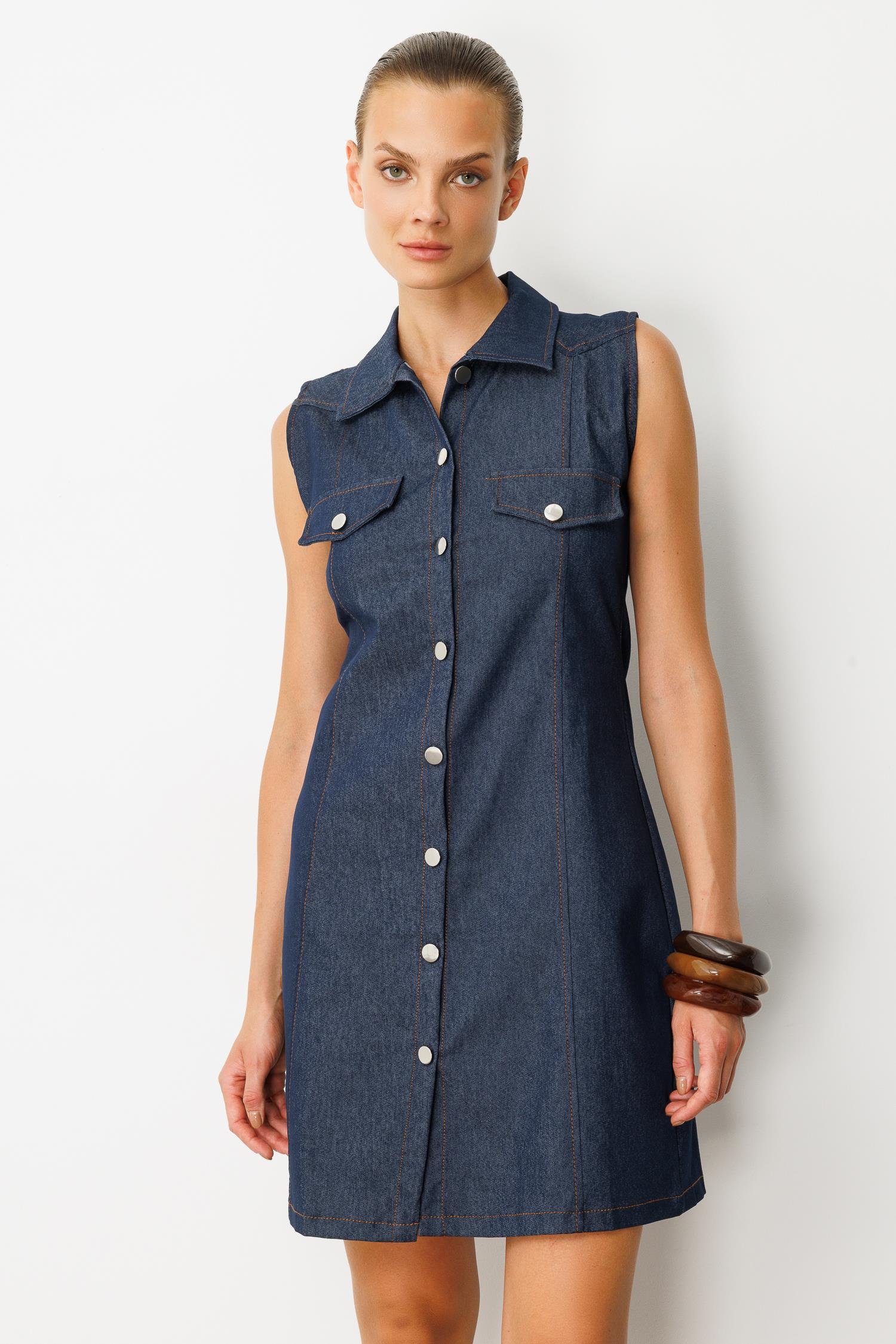 Düğme Detaylı Kot Elbise-MAVİ