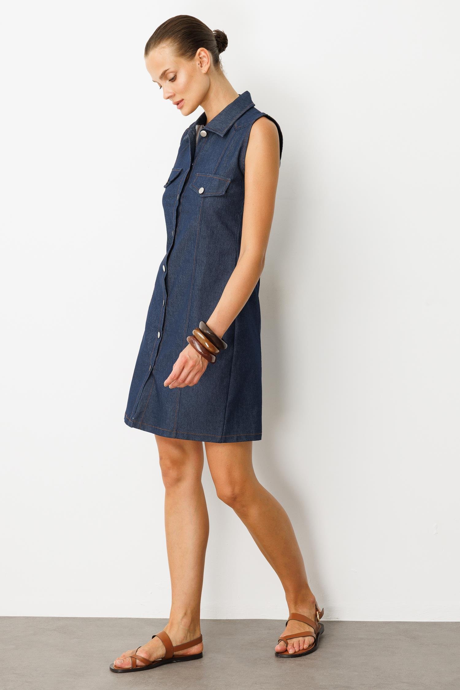 Düğme Detaylı Kot Elbise-MAVİ