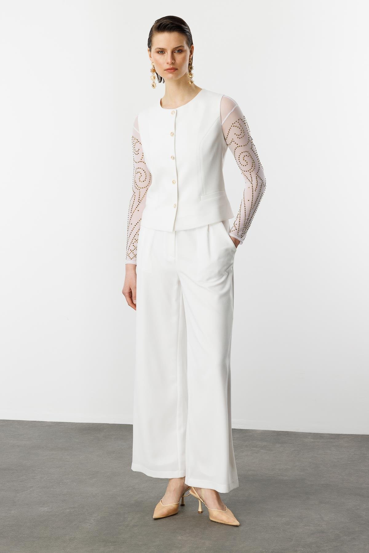 Düğme Detaylı Krep Yelek-KEMIK