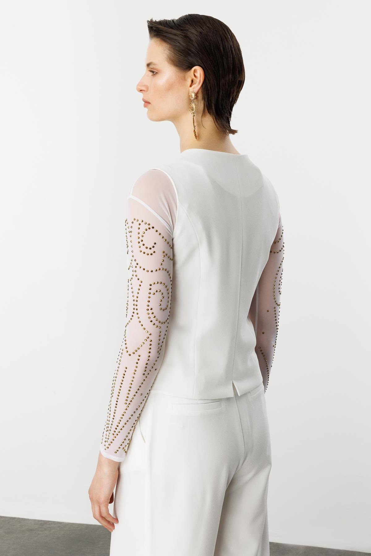 Düğme Detaylı Krep Yelek-KEMIK