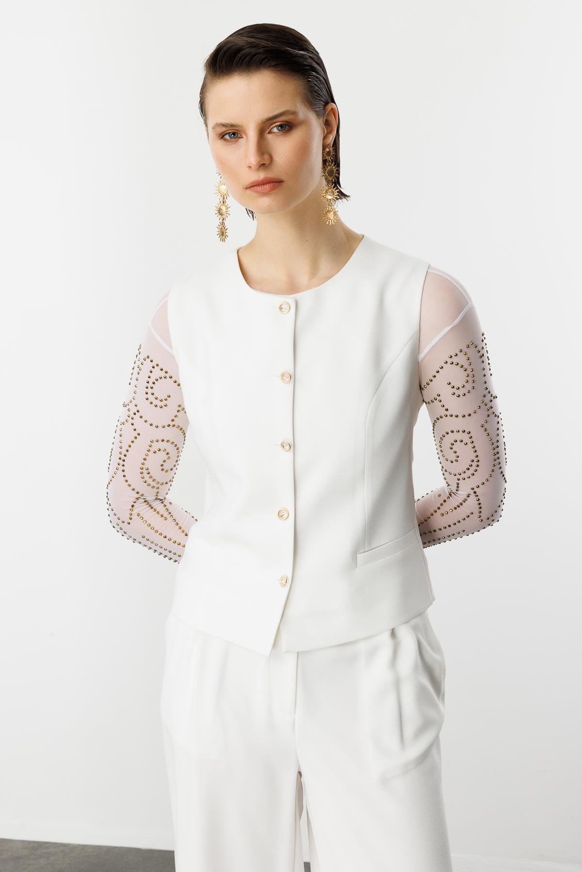 Düğme Detaylı Krep Yelek-KEMIK