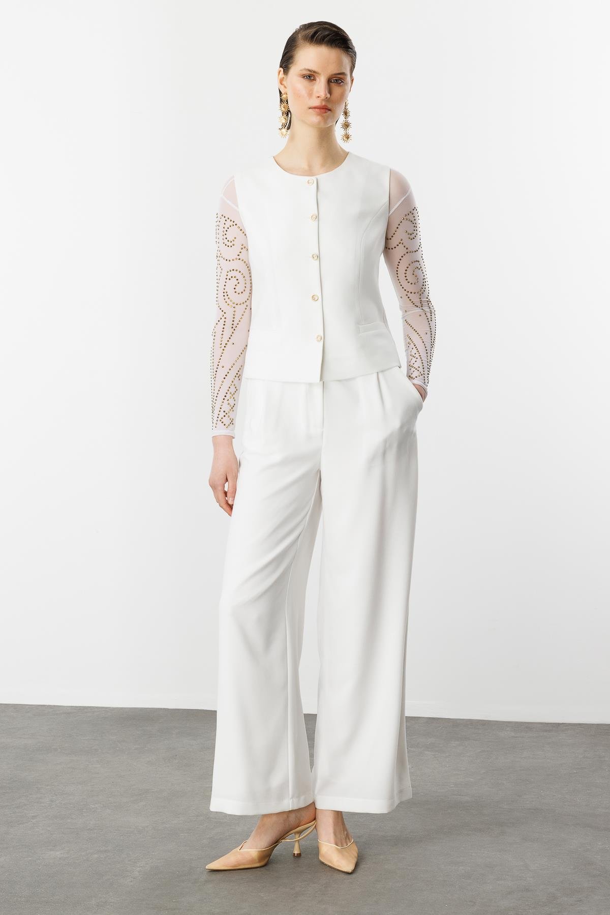 Düğme Detaylı Krep Yelek-KEMIK