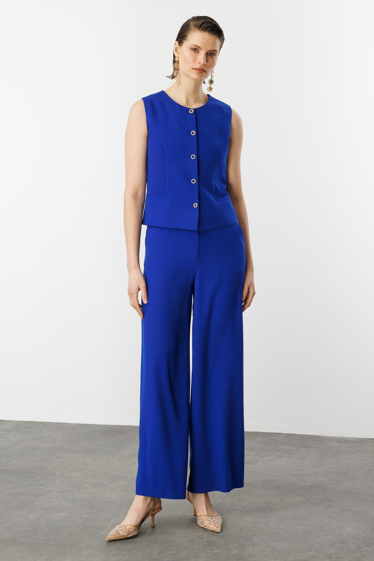 Düğme Detaylı Krep Yelek-SAX