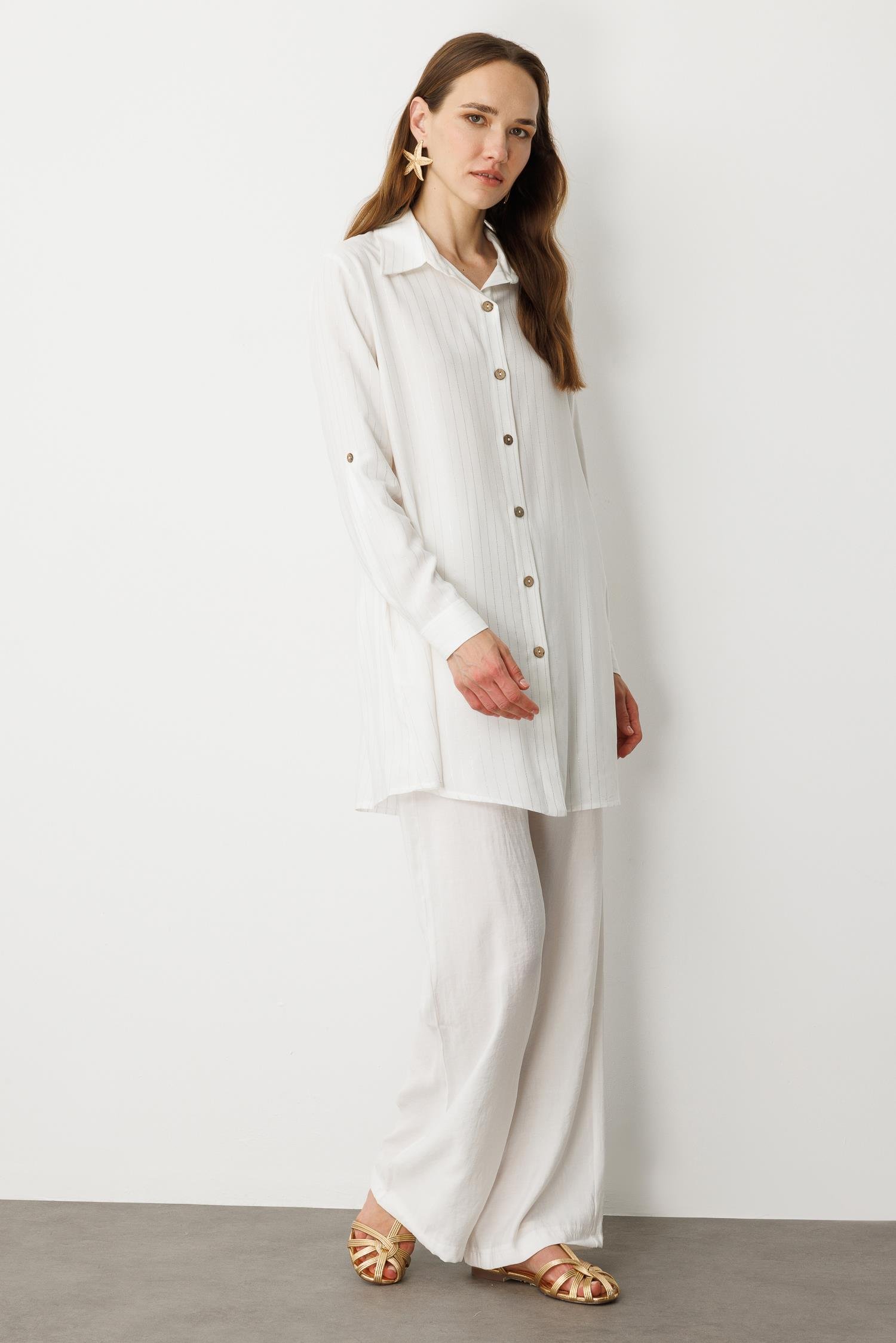 Düğme Detaylı Sim Çizgili Gömlek Tunik-KEMIK