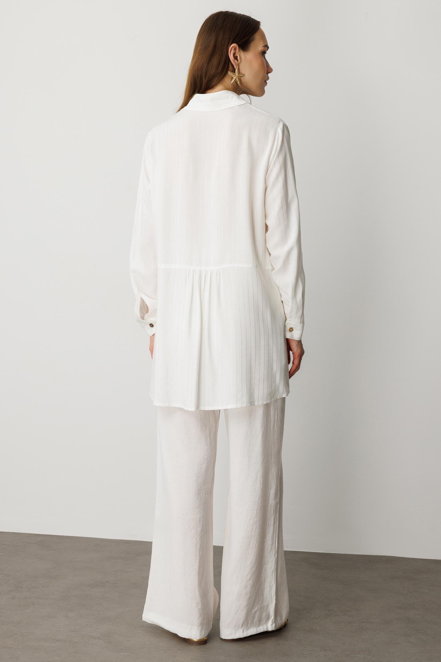 Düğme Detaylı Sim Çizgili Gömlek Tunik-KEMIK