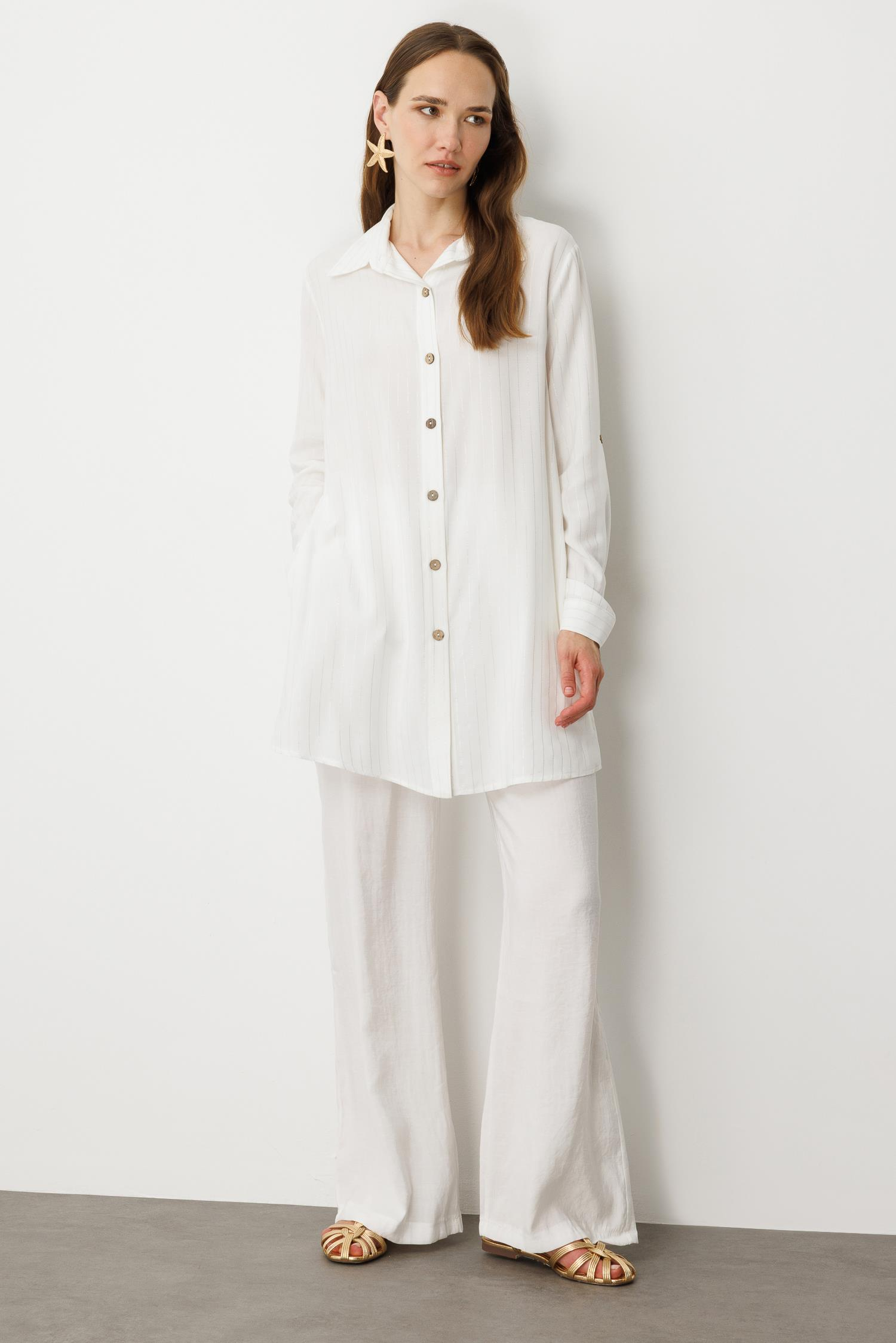 Düğme Detaylı Sim Çizgili Gömlek Tunik-KEMIK