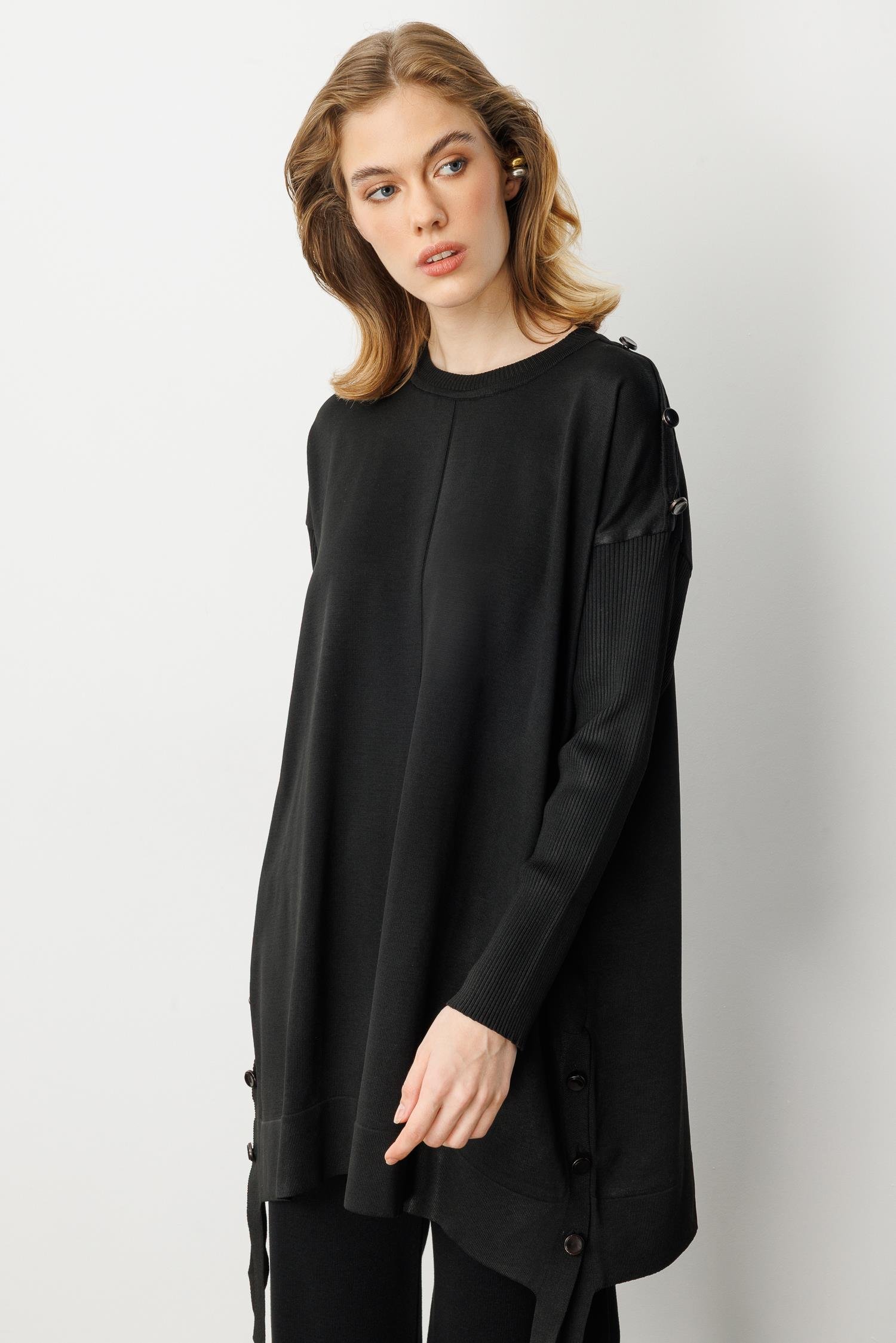 Düğme Detaylı Triko Tunik-SİYAH