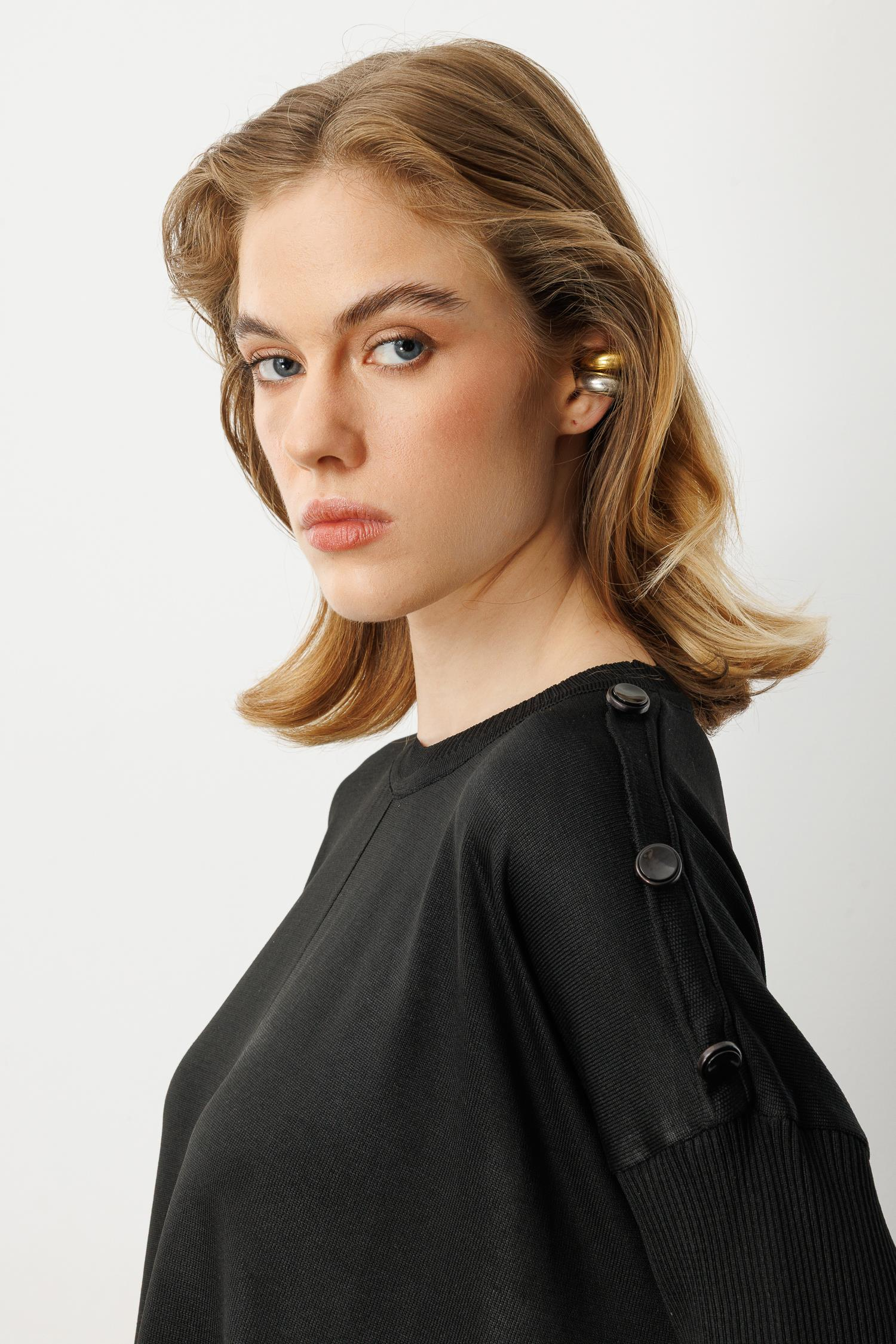 Düğme Detaylı Triko Tunik-SİYAH