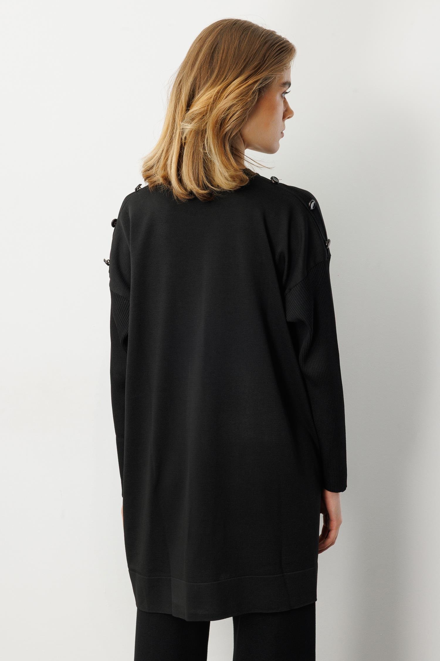 Düğme Detaylı Triko Tunik-SİYAH