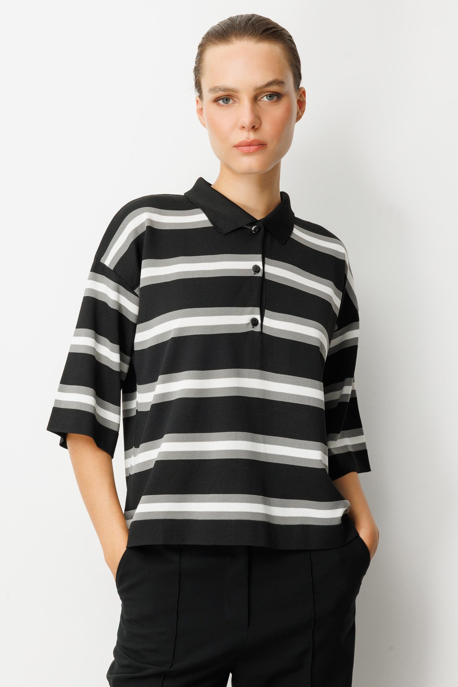 Düğme Detaylı Truvakar Kol Triko Kazak-SİYAH