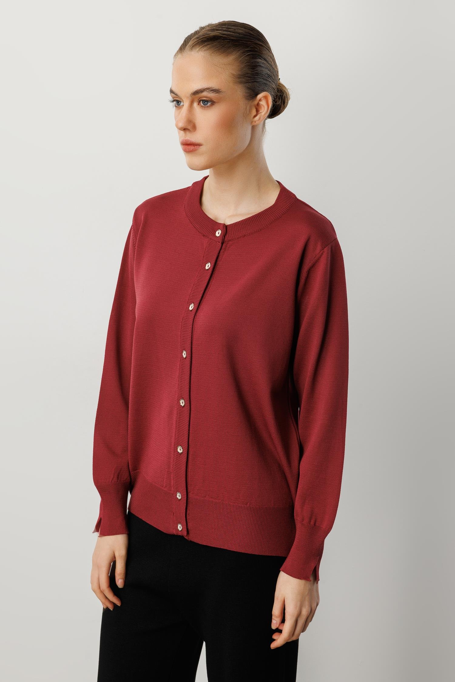 Düğmeli Basic Triko Hırka-BORDO