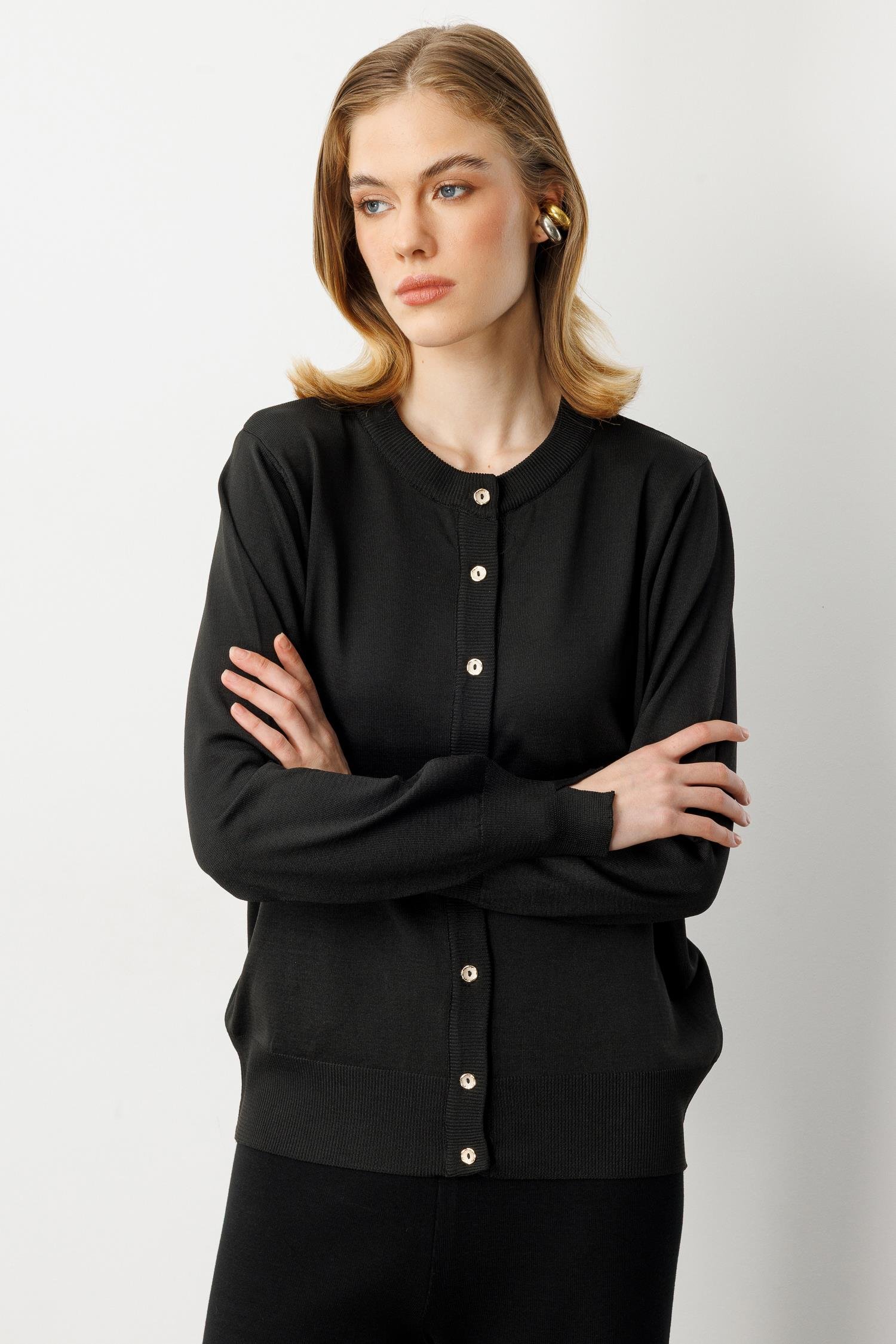 Düğmeli Basic Triko Hırka-SİYAH