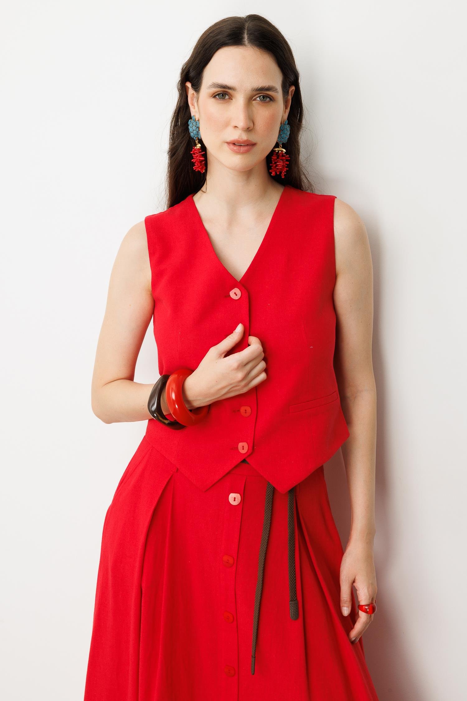 Düğmeli Kısa Keten Yelek-KIRMIZI