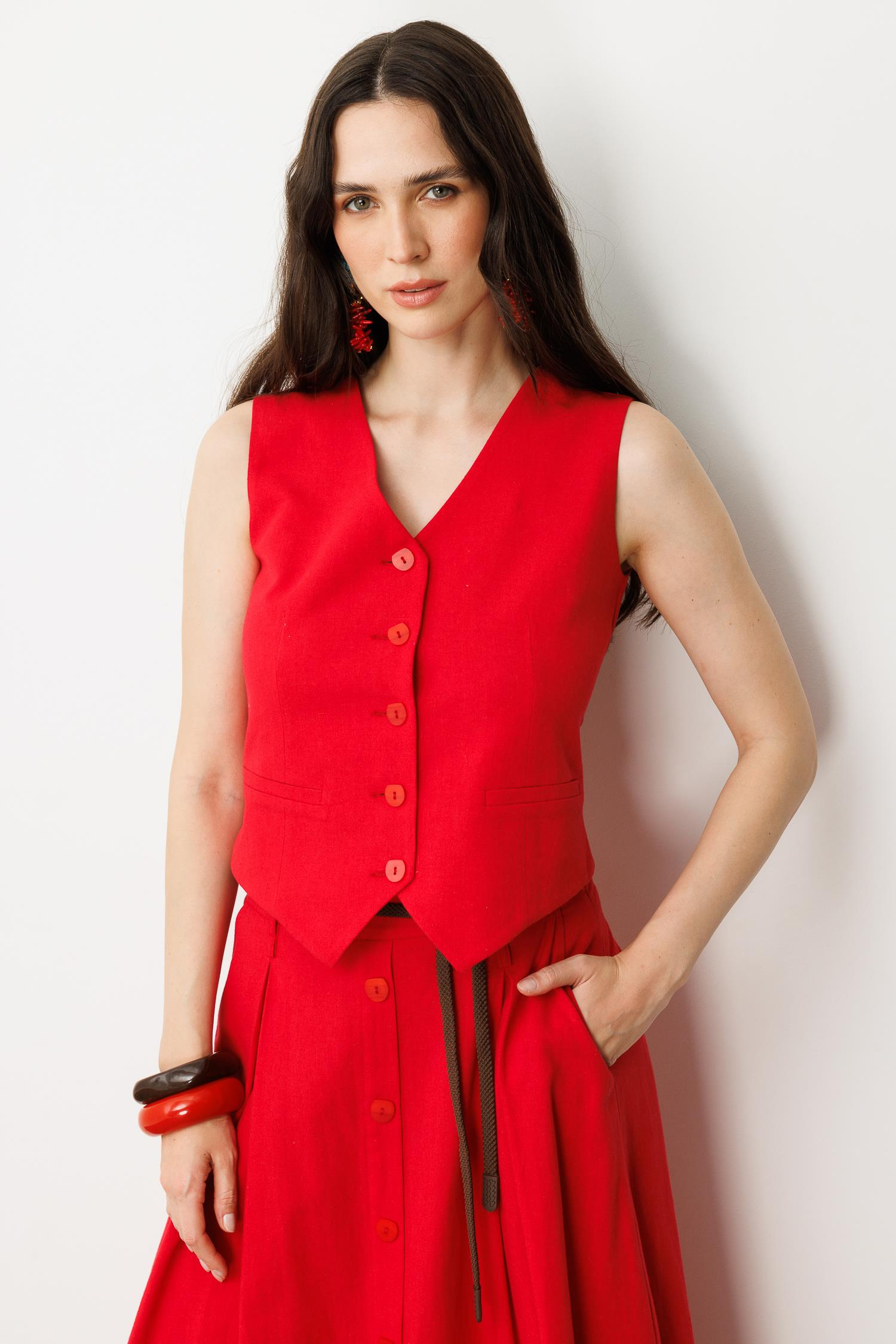 Düğmeli Kısa Keten Yelek-KIRMIZI