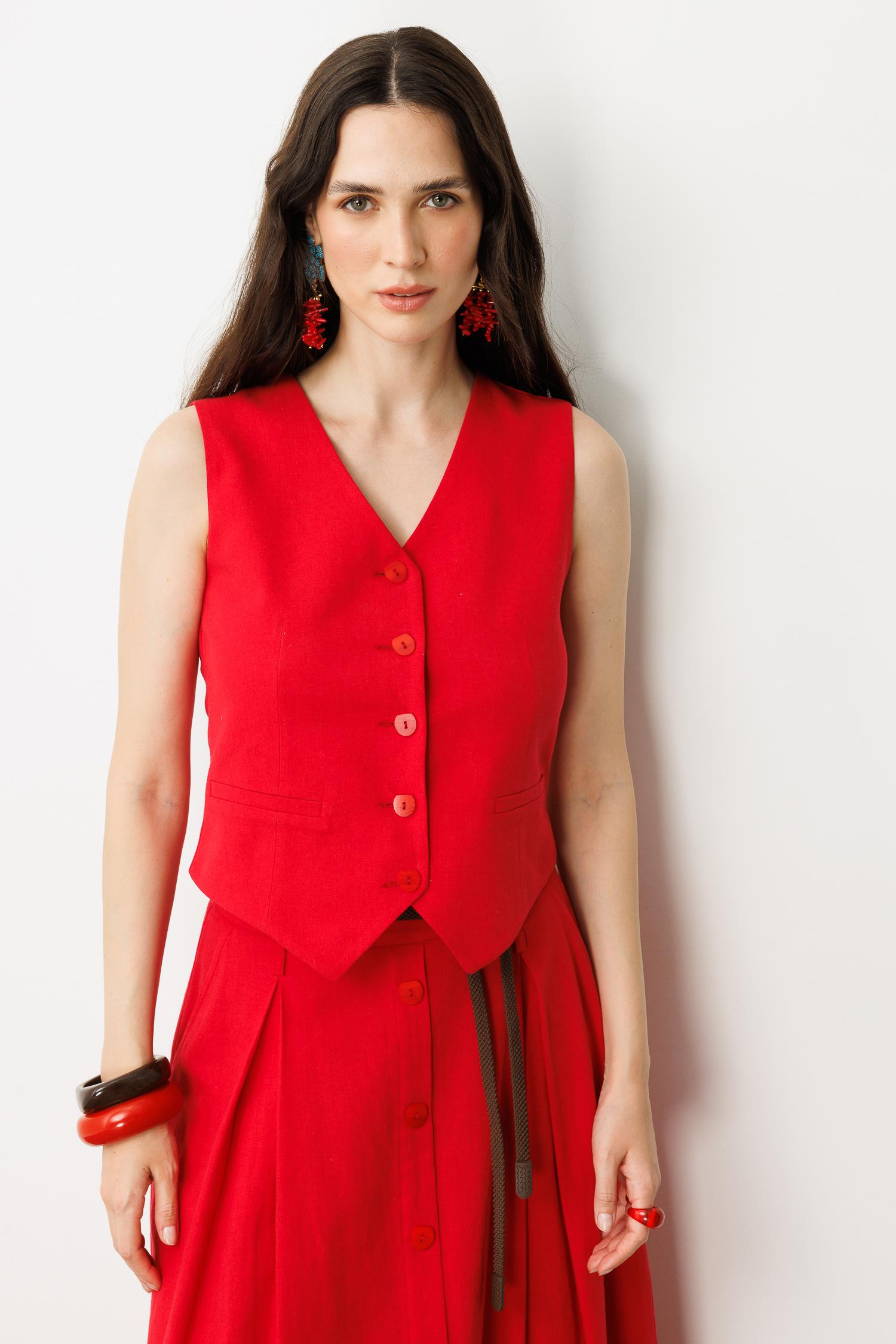 Düğmeli Kısa Keten Yelek-KIRMIZI