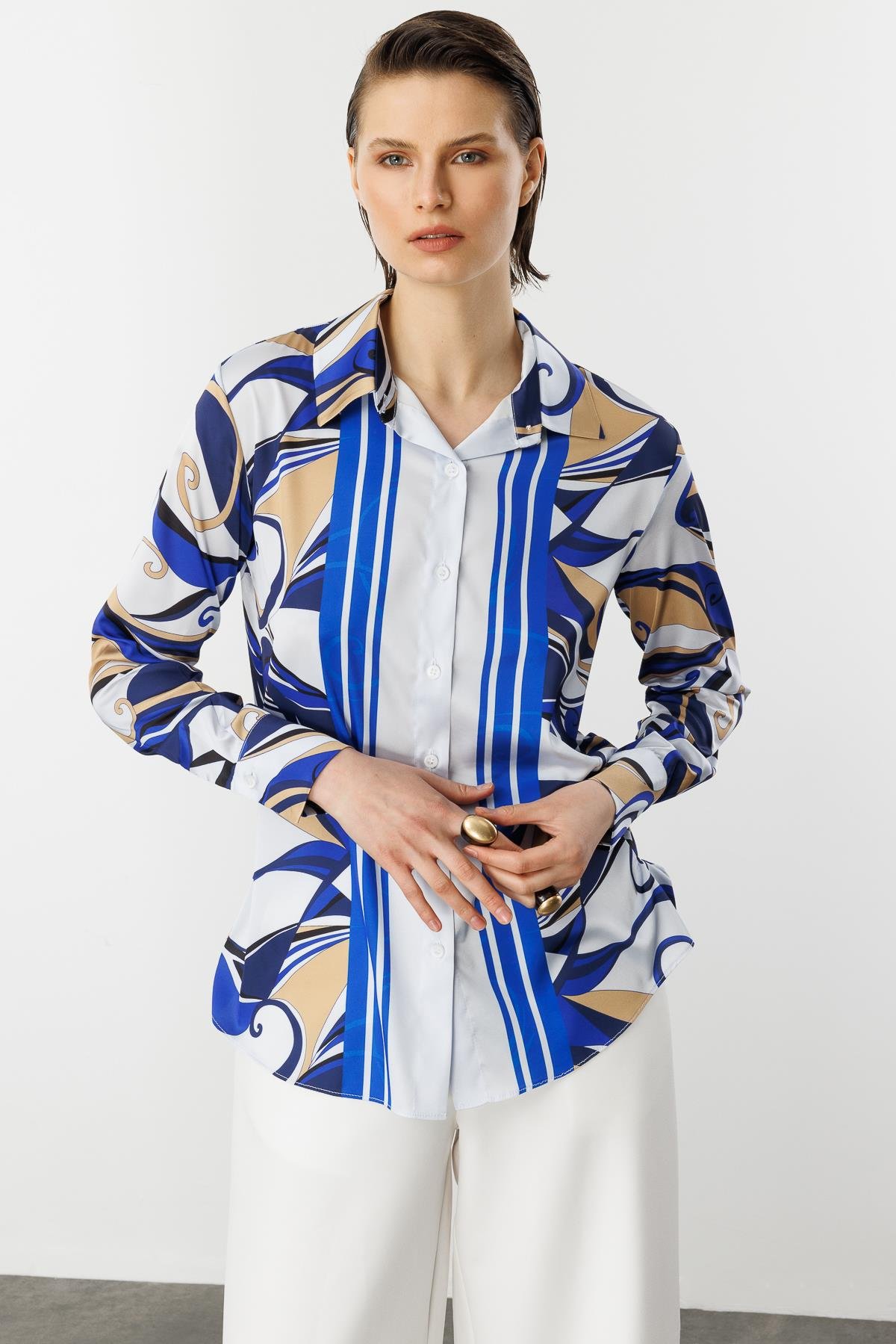 Düğmeli Saten Gömlek-BEYAZ