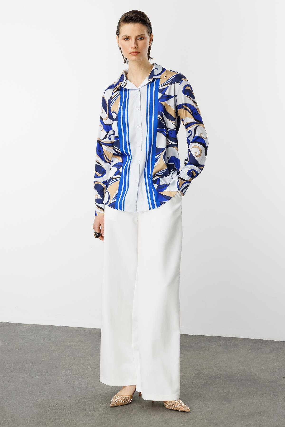 Düğmeli Saten Gömlek-BEYAZ