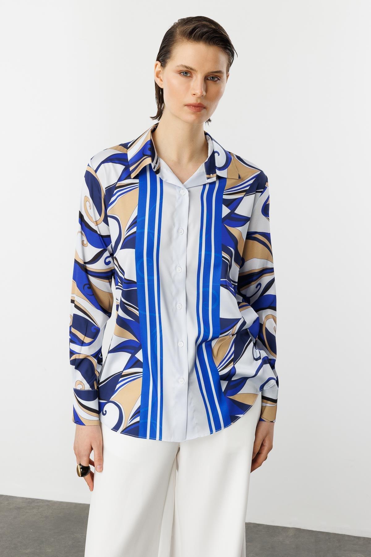 Düğmeli Saten Gömlek-BEYAZ