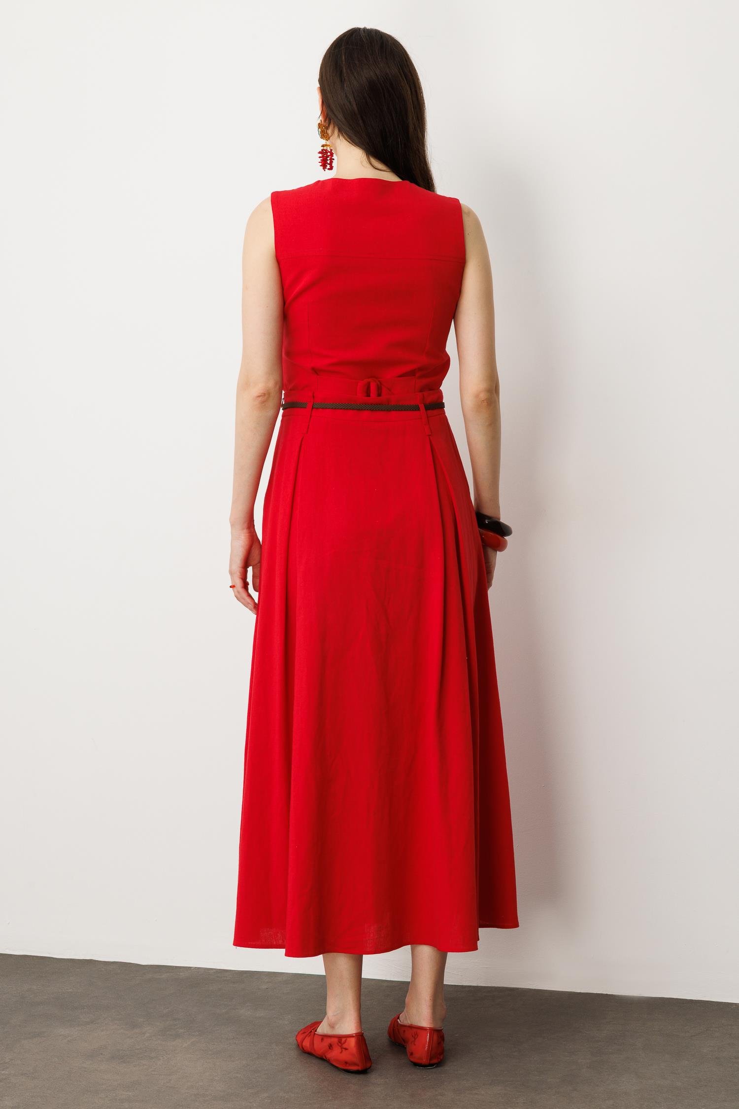 Düğmeli Uzun Keten Etek-ŞEFTALİ