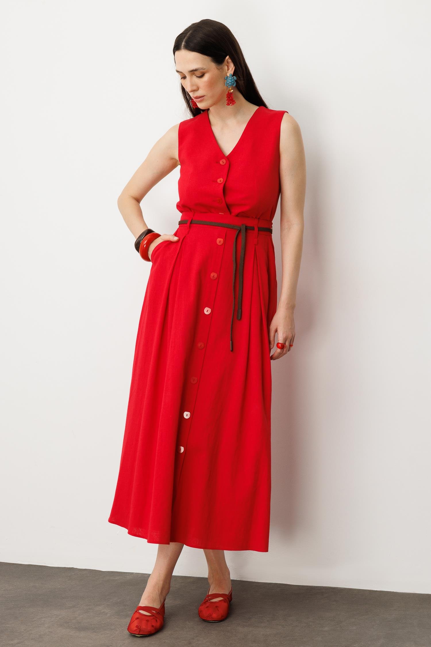 Düğmeli Uzun Keten Etek-ŞEFTALİ