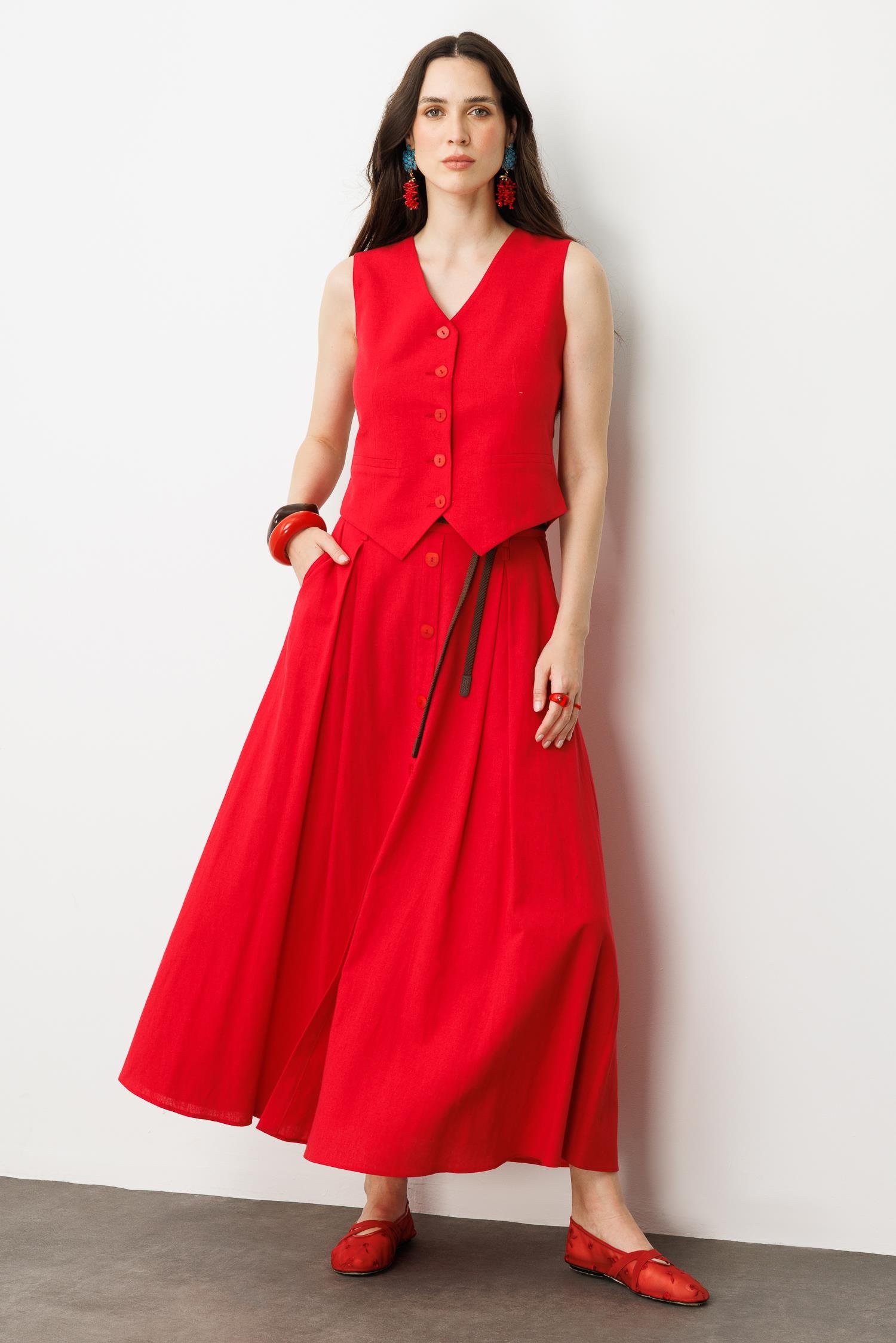 Düğmeli Uzun Keten Etek-ŞEFTALİ