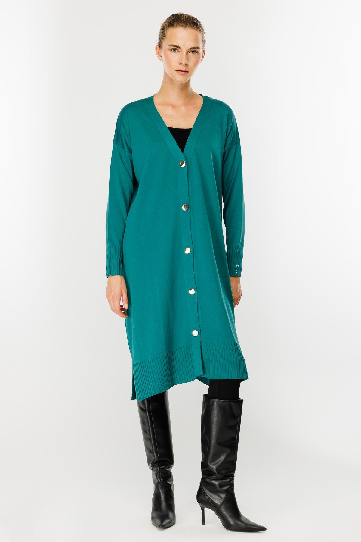 Düğmeli Uzun Triko Hırka - PETROL