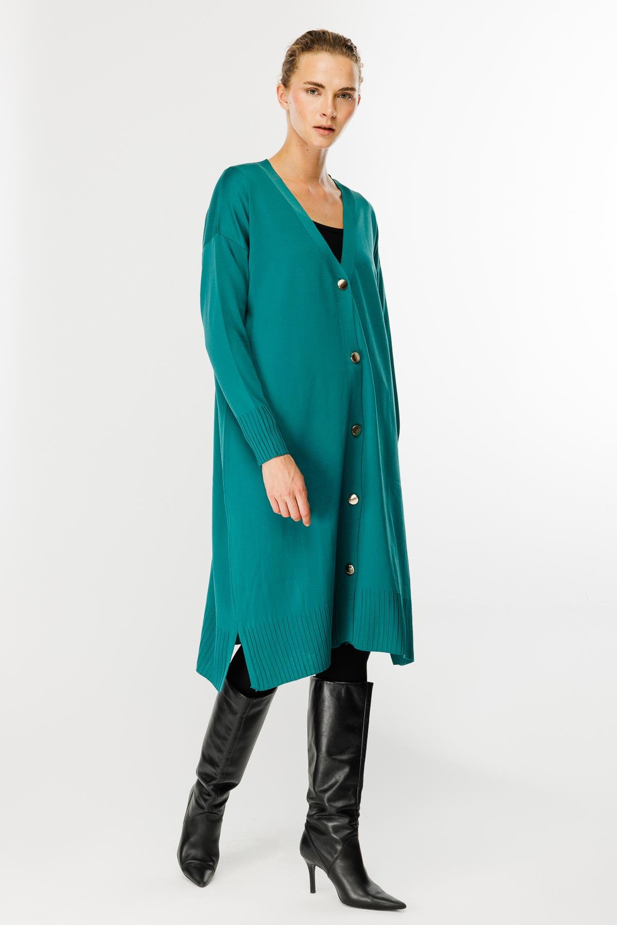 Düğmeli Uzun Triko Hırka - PETROL