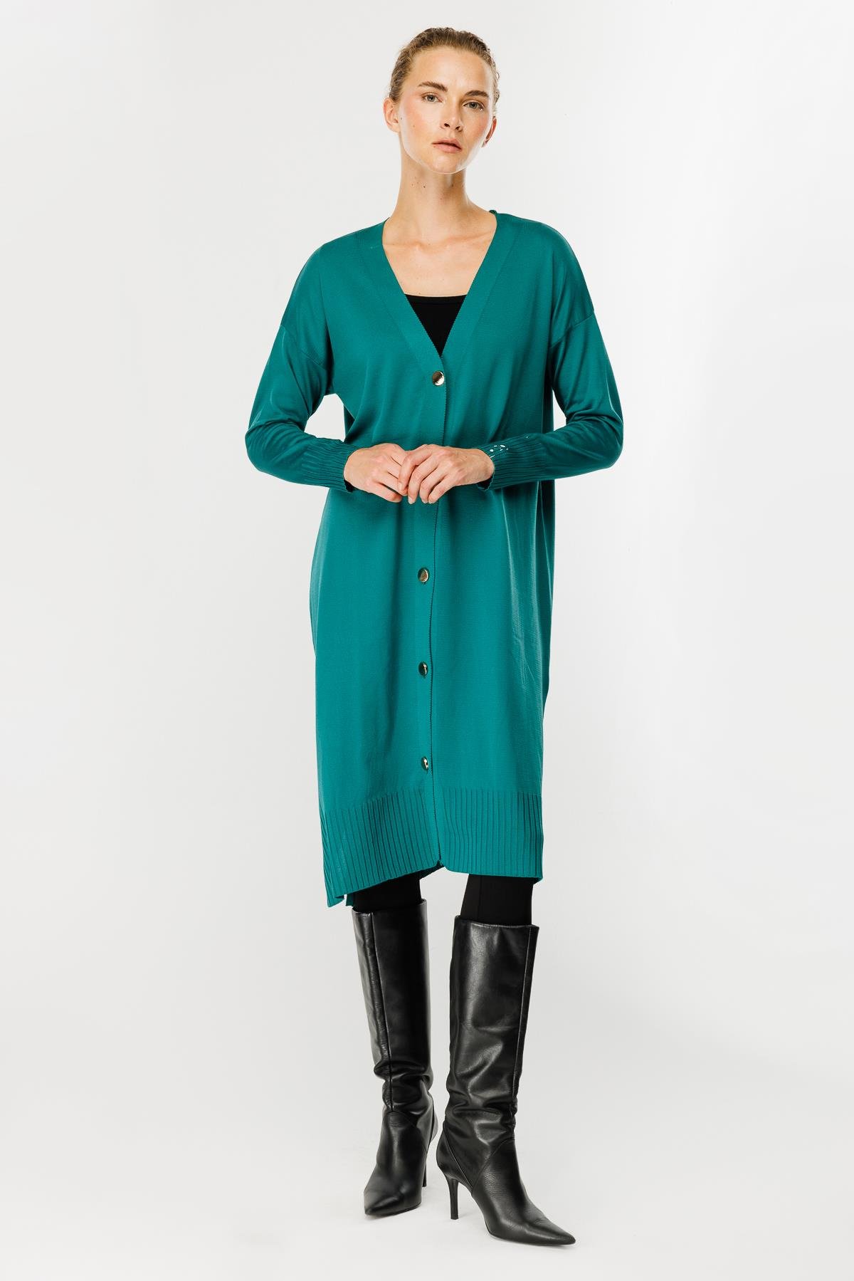 Düğmeli Uzun Triko Hırka - PETROL