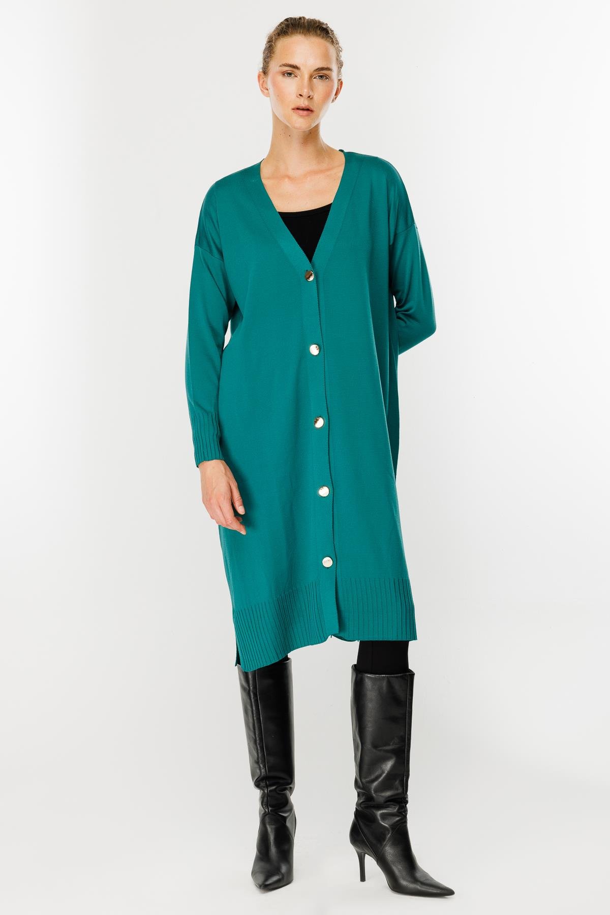 Düğmeli Uzun Triko Hırka - PETROL