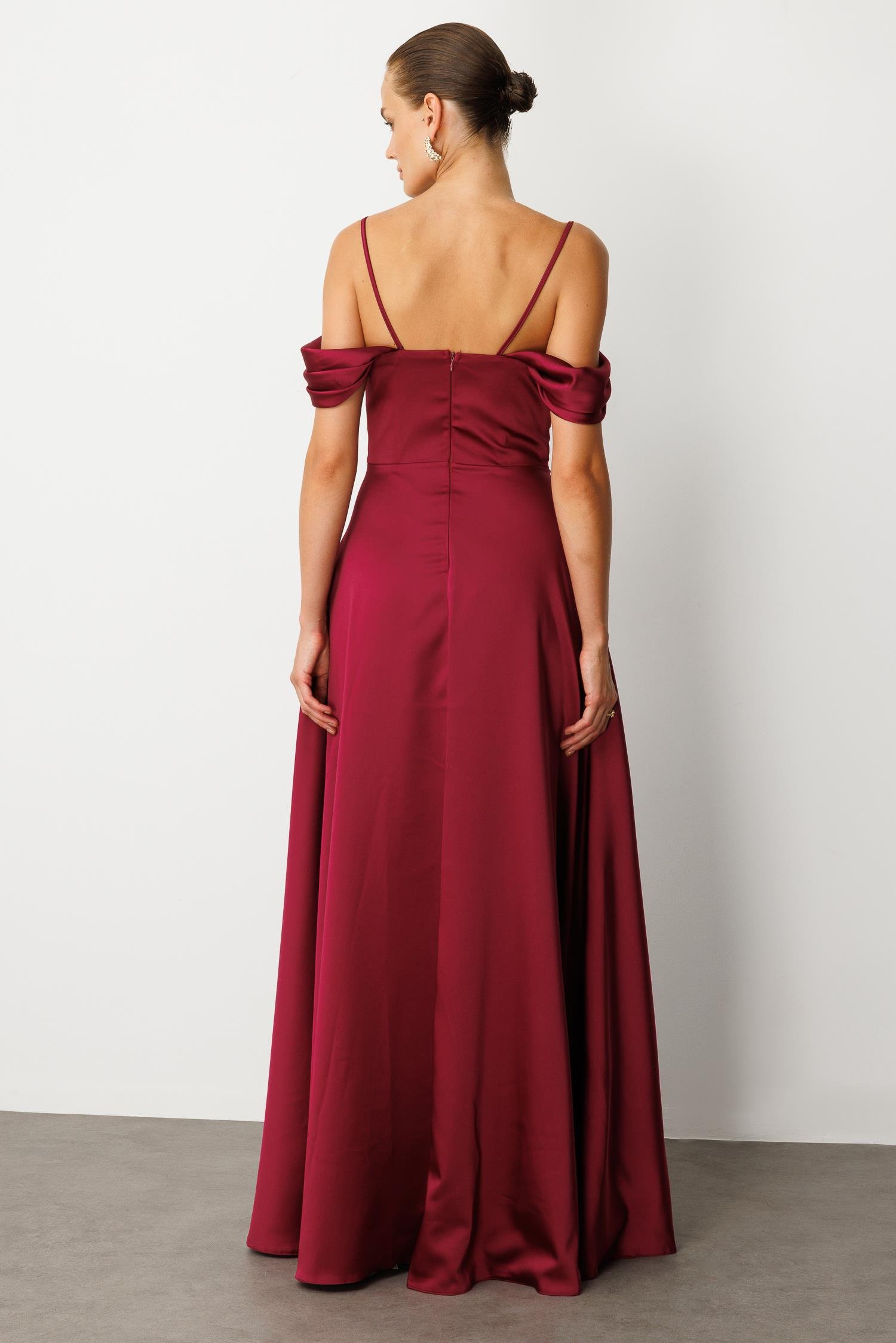 Düşük Kol Saten Abiye Elbise-MÜRDÜM