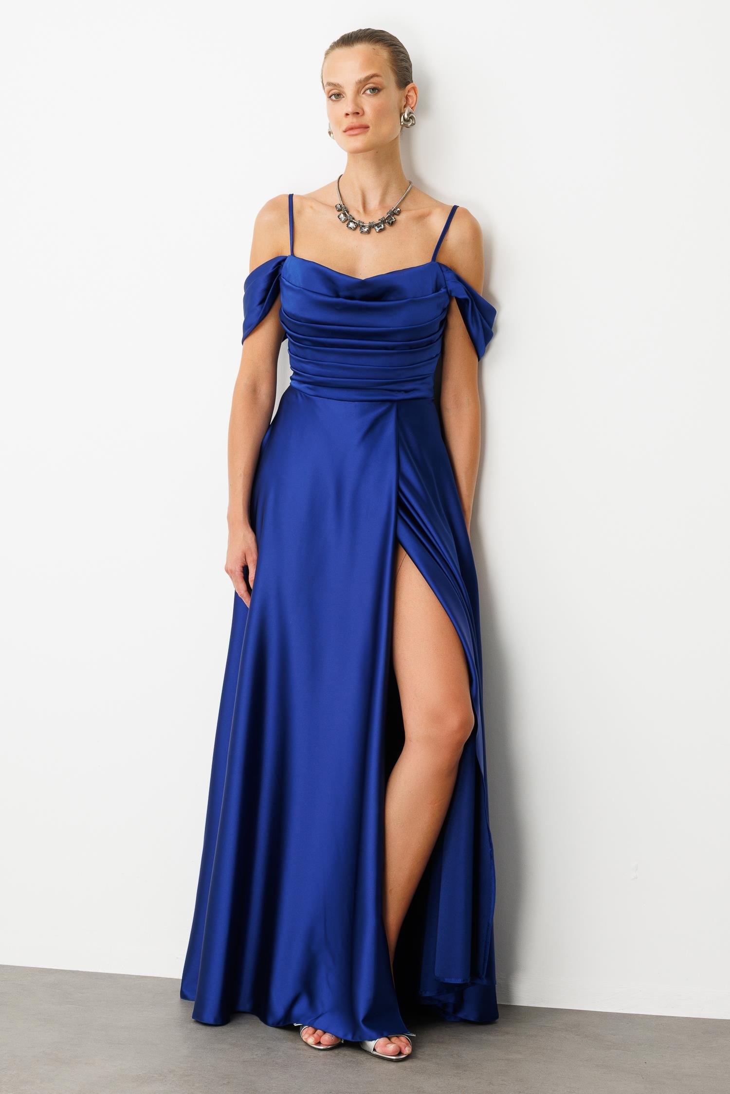 Düşük Kol Saten Abiye Elbise-SAX