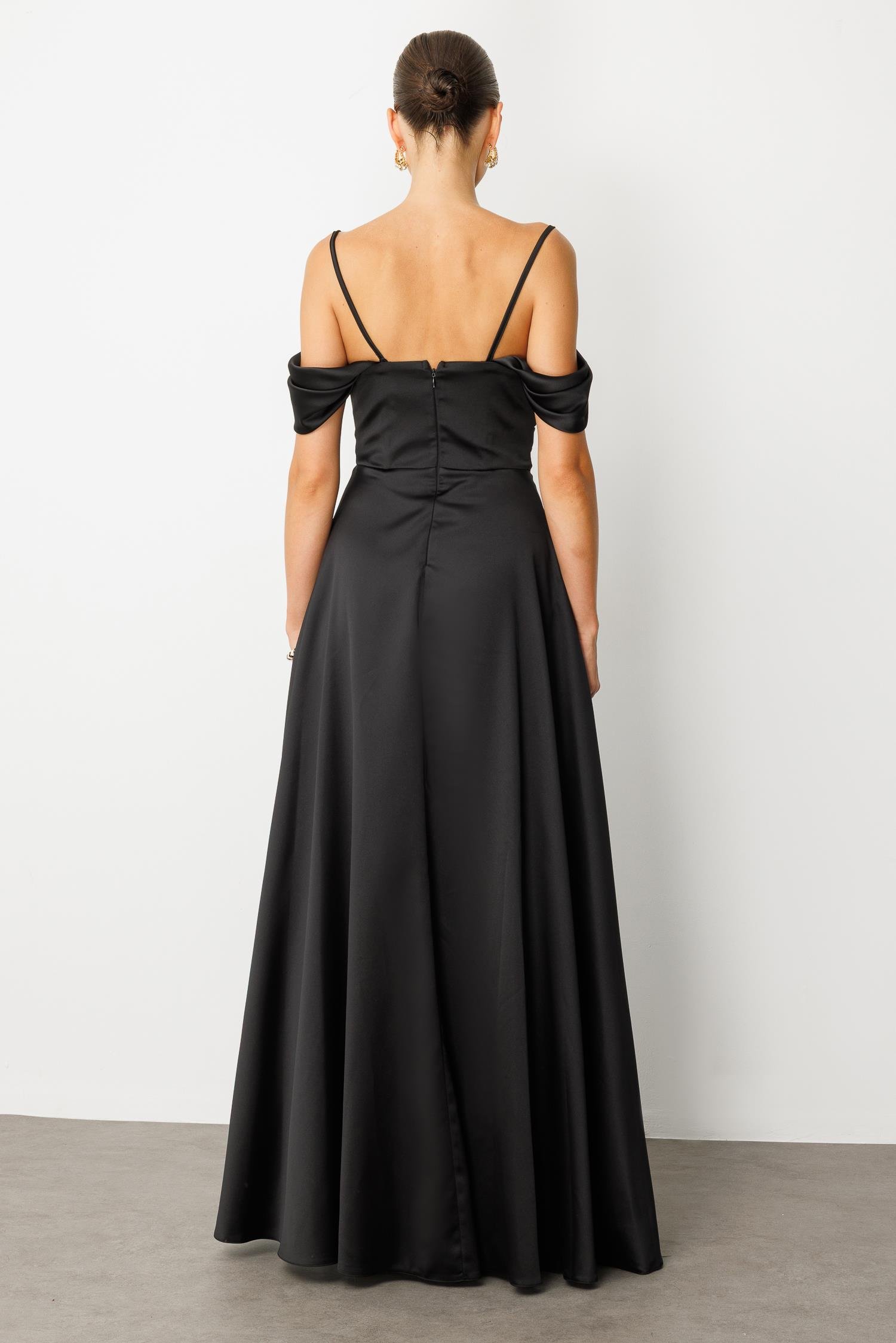 Düşük Kol Saten Abiye Elbise-SİYAH