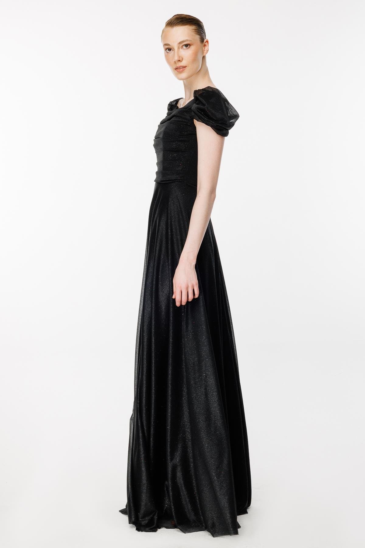 Düşük Omuz Drape Ve Sim Detaylı Uzun Abiye - SİYAH